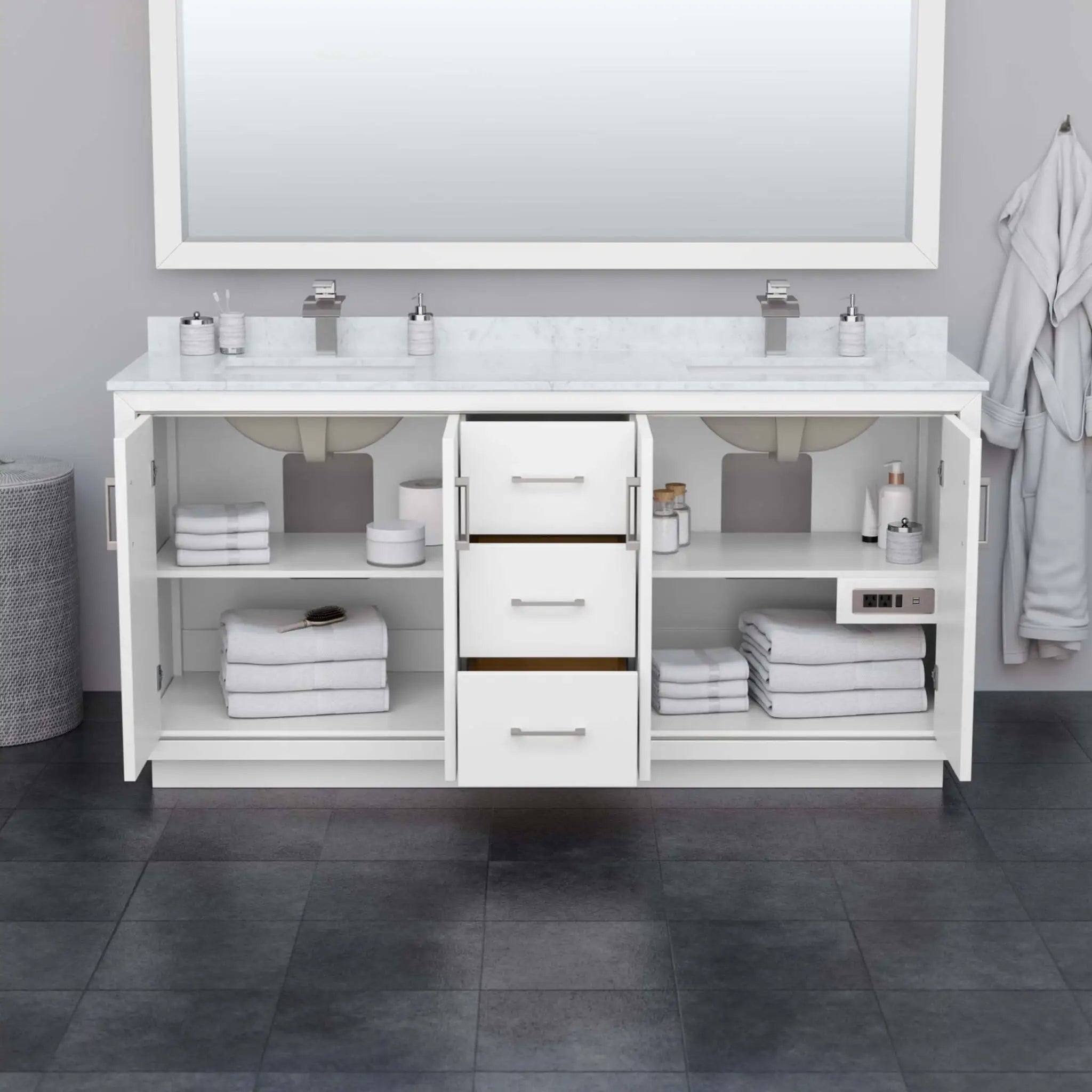 72" Icon Double Bathroom Vanity in White with Satin Bronze Trim by Wyndham