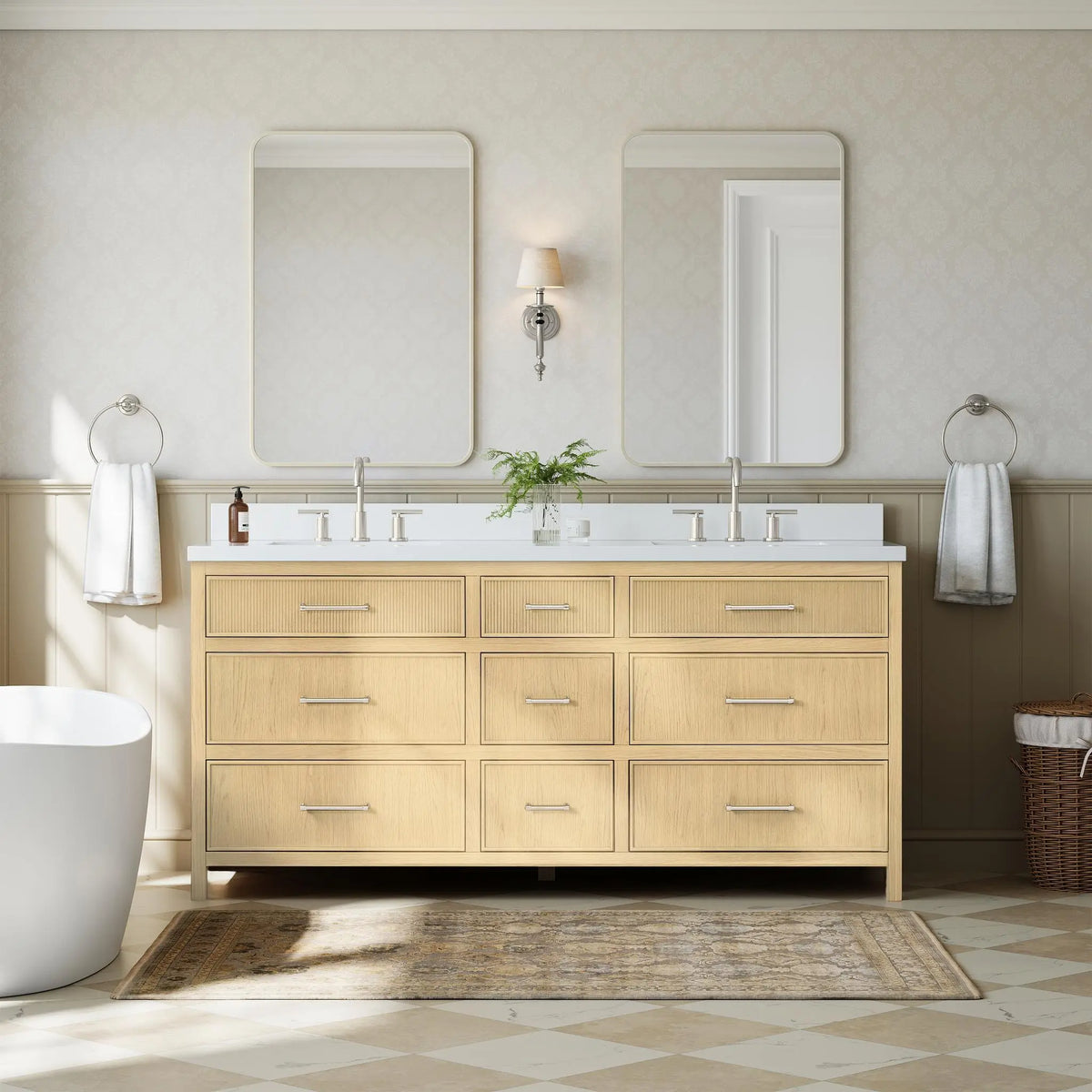 72" Isola Double Bathroom Vanity Scandinavian Oak Brushed Nickel Trim by wyndham View 14