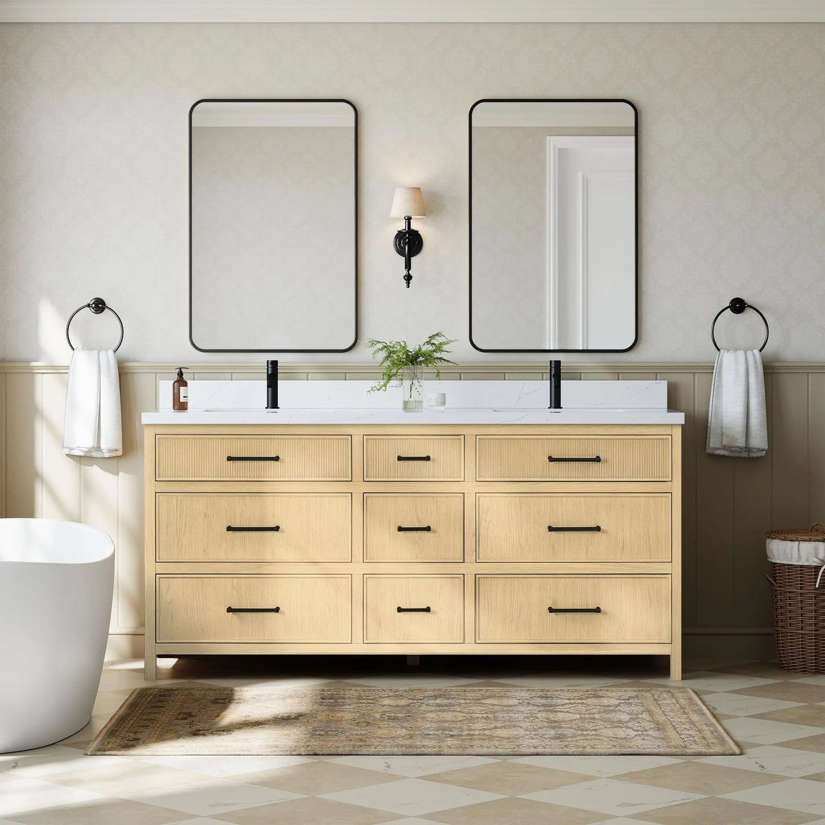 72" Isola Double Bathroom Vanity Scandinavian Oak Matte Black Trim by wyndham View 2
