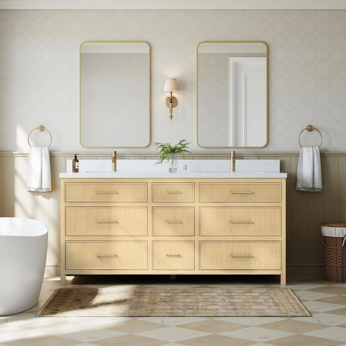 72" Isola Double Bathroom Vanity Scandinavian Oak Satin Bronze Trim by wyndham View 2