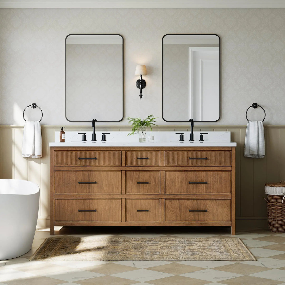 72" Isola Double Bathroom Vanity Toasted Walnut Matte Black Trim by wyndham View 6