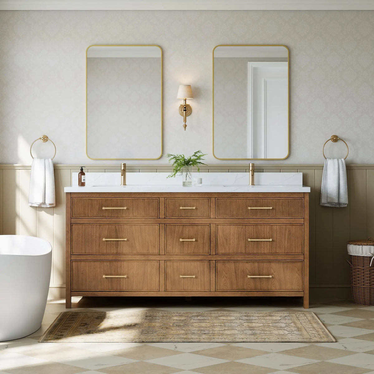 72" Isola Double Bathroom Vanity Toasted Walnut Satin Bronze Trim by wyndham View 2
