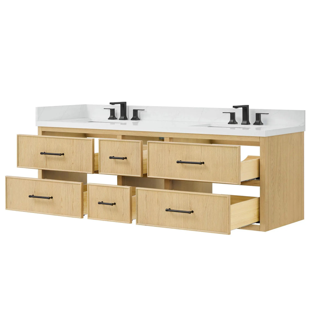 72" Isola Double Wall Mounted Bathroom Vanity Scandinavian Oak Matte Black Trim by wyndham View 7
