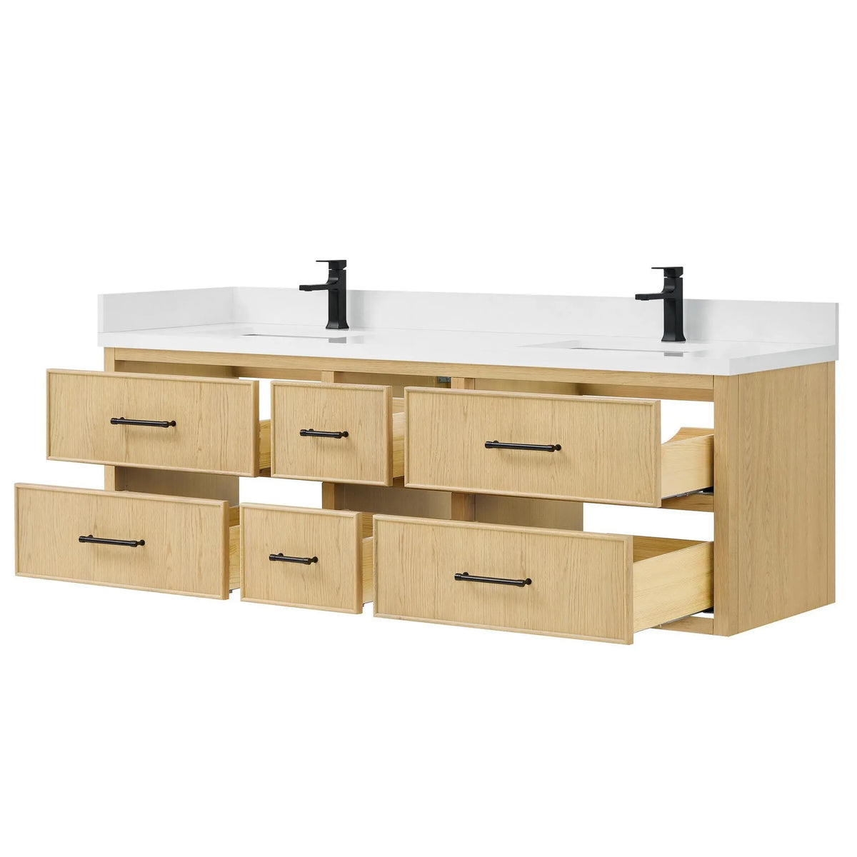 72" Isola Double Wall Mounted Bathroom Vanity Scandinavian Oak Matte Black Trim by wyndham View 11