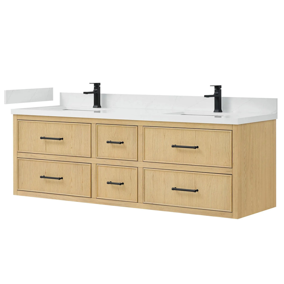 72" Isola Double Wall Mounted Bathroom Vanity Scandinavian Oak Matte Black Trim by wyndham View 4