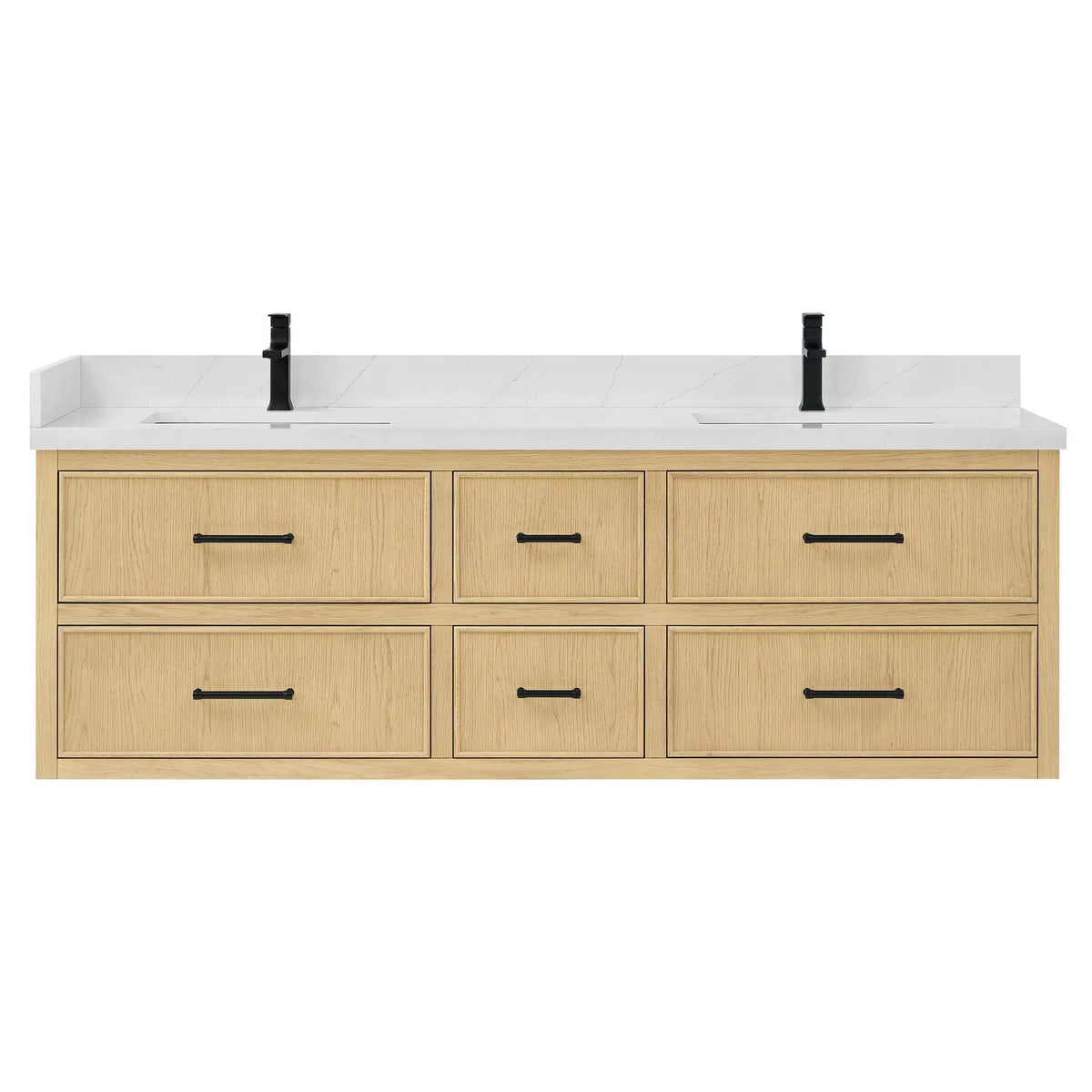 72" Isola Double Wall Mounted Bathroom Vanity Scandinavian Oak Matte Black Trim by wyndham View 1