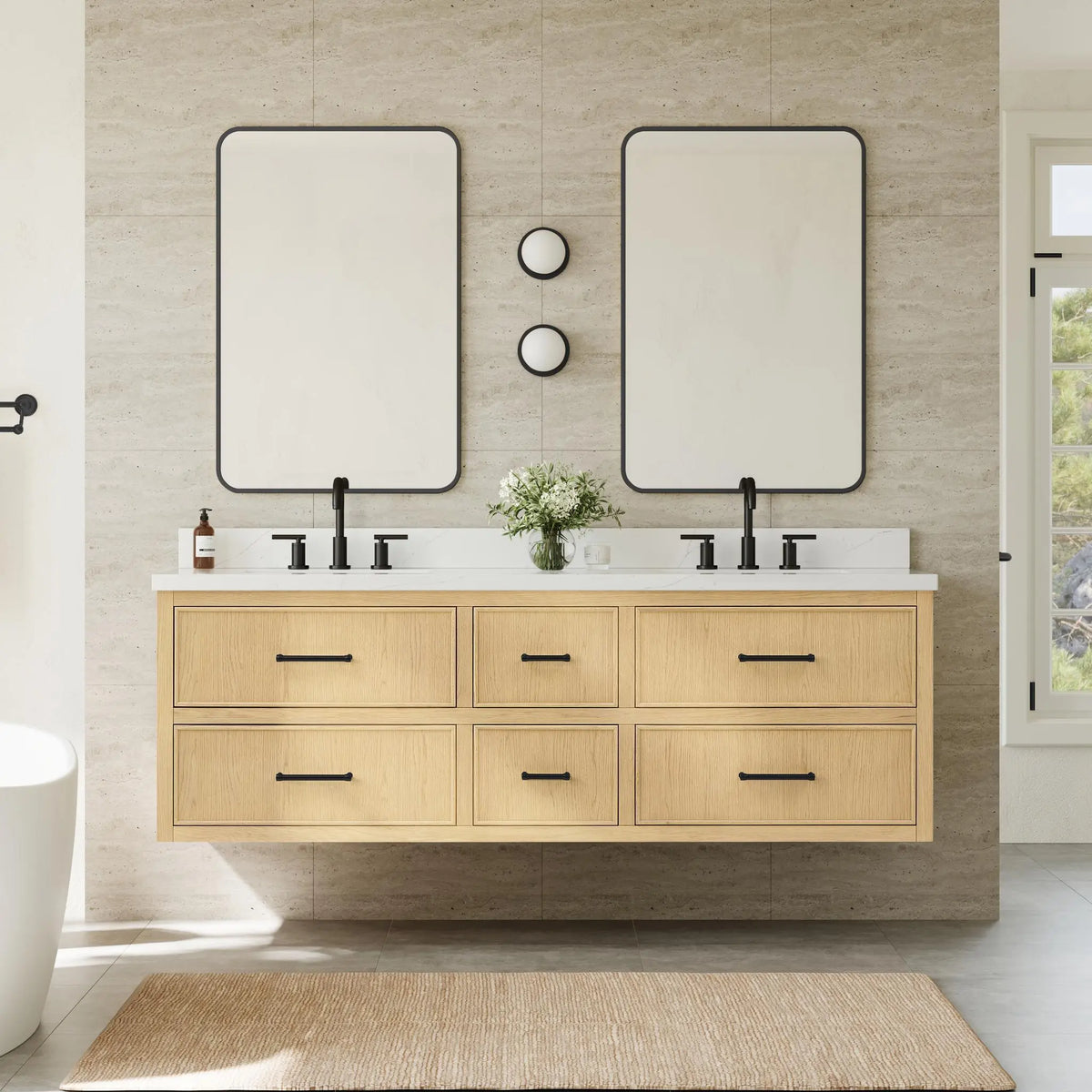 72" Isola Double Wall Mounted Bathroom Vanity Scandinavian Oak Matte Black Trim by wyndham View 6