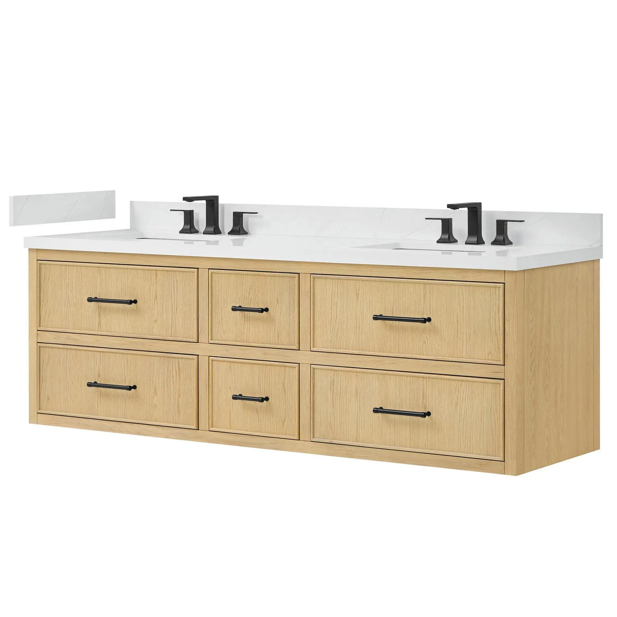 72" Isola Double Wall Mounted Bathroom Vanity Scandinavian Oak Matte Black Trim by wyndham View 8