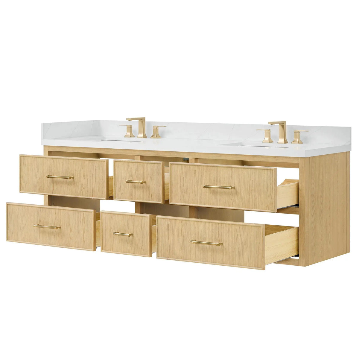 72" Isola Double Wall Mounted Bathroom Vanity Scandinavian Oak Satin Bronze Trim by wyndham View 7