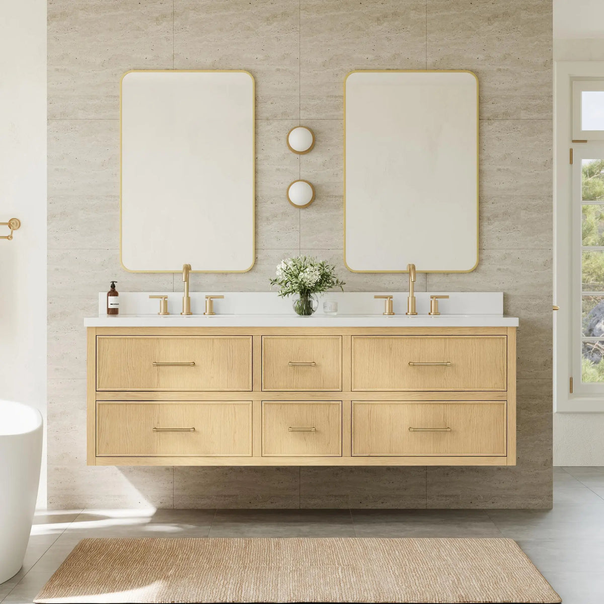 72" Isola Double Wall Mounted Bathroom Vanity Scandinavian Oak Satin Bronze Trim by wyndham View 14