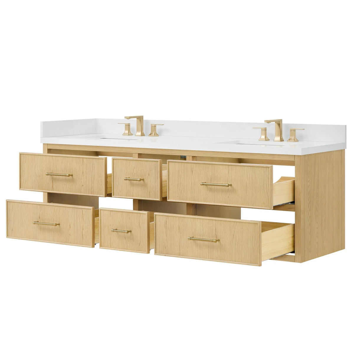 72" Isola Double Wall Mounted Bathroom Vanity Scandinavian Oak Satin Bronze Trim by wyndham View 15