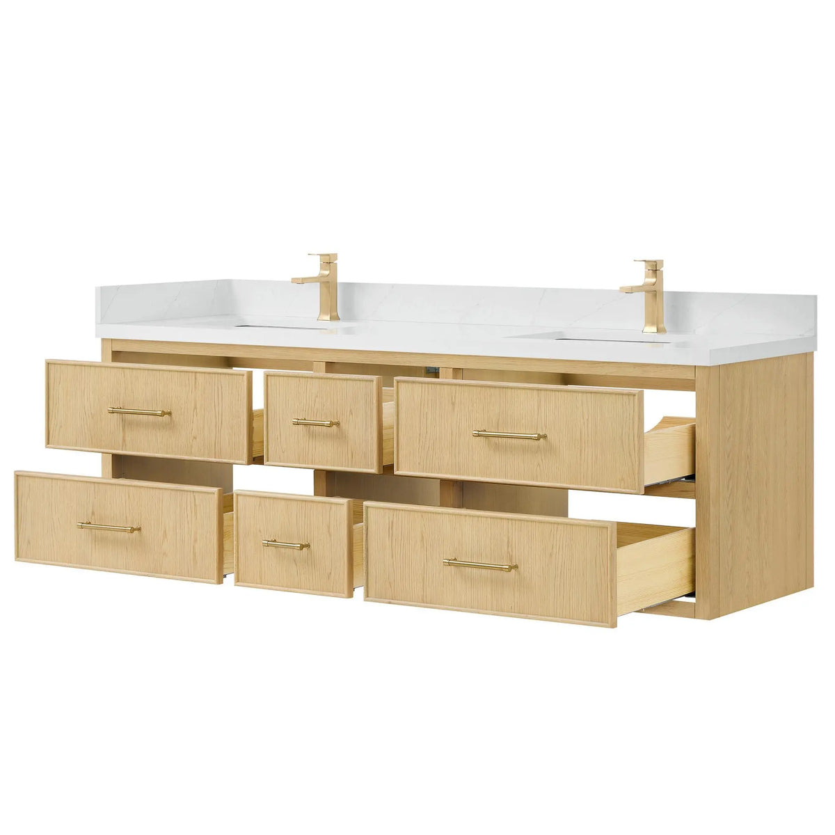 72" Isola Double Wall Mounted Bathroom Vanity Scandinavian Oak Satin Bronze Trim by wyndham View 3