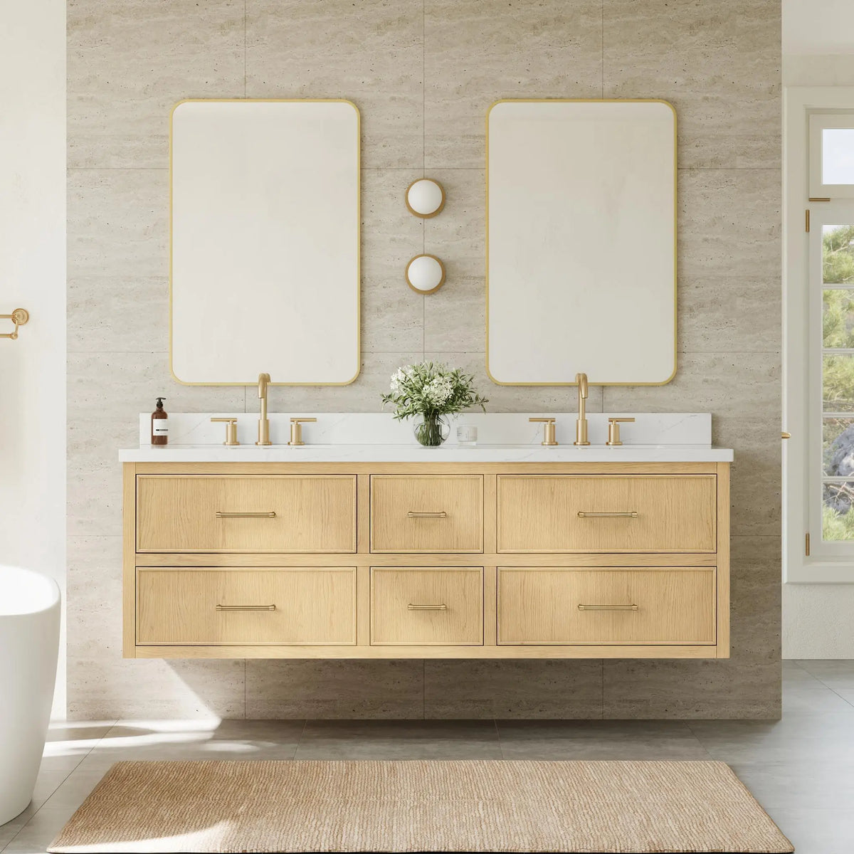 72" Isola Double Wall Mounted Bathroom Vanity Scandinavian Oak Satin Bronze Trim by wyndham View 6