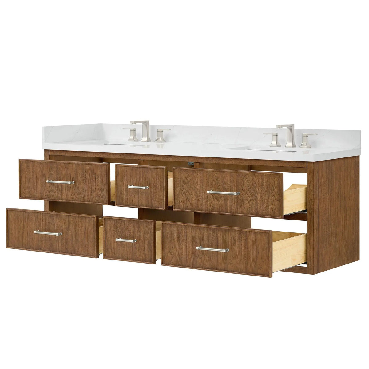 72" Isola Double Wall Mounted Bathroom Vanity Toasted Walnut Brushed Nickel Trim by wyndham View 7