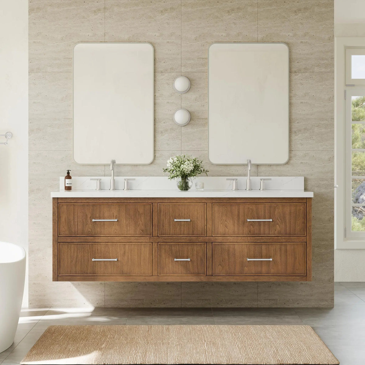 72" Isola Double Wall Mounted Bathroom Vanity Toasted Walnut Brushed Nickel Trim by wyndham View 6