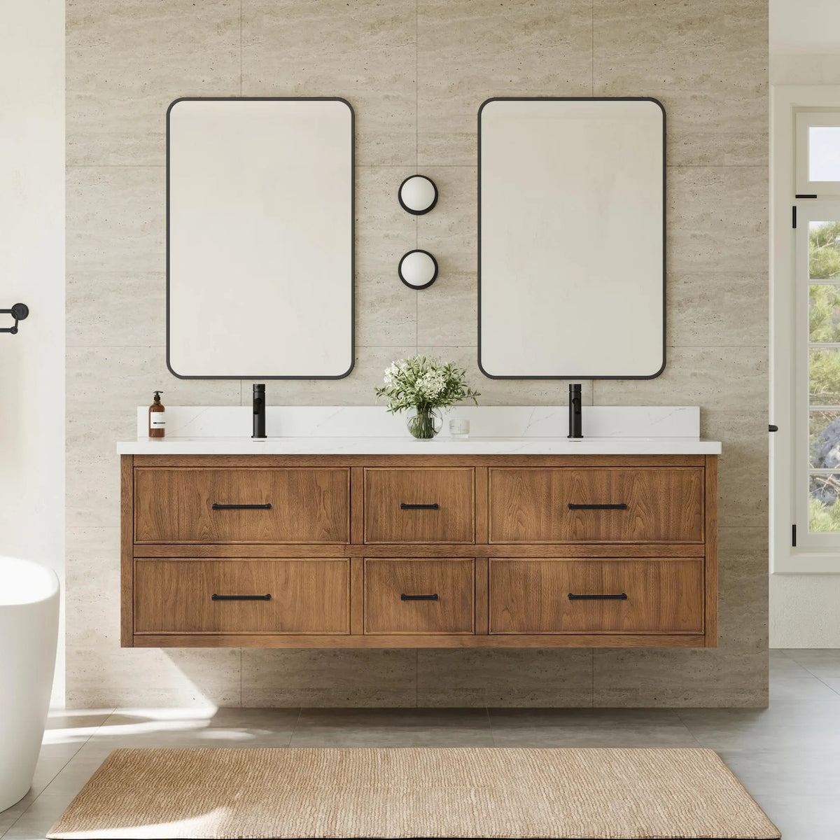 72" Isola Double Wall Mounted Bathroom Vanity Toasted Walnut Matte Black Trim by wyndham View 2