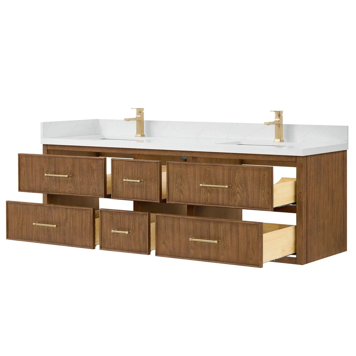 72" Isola Double Wall Mounted Bathroom Vanity Toasted Walnut Satin Bronze Trim by wyndham View 3