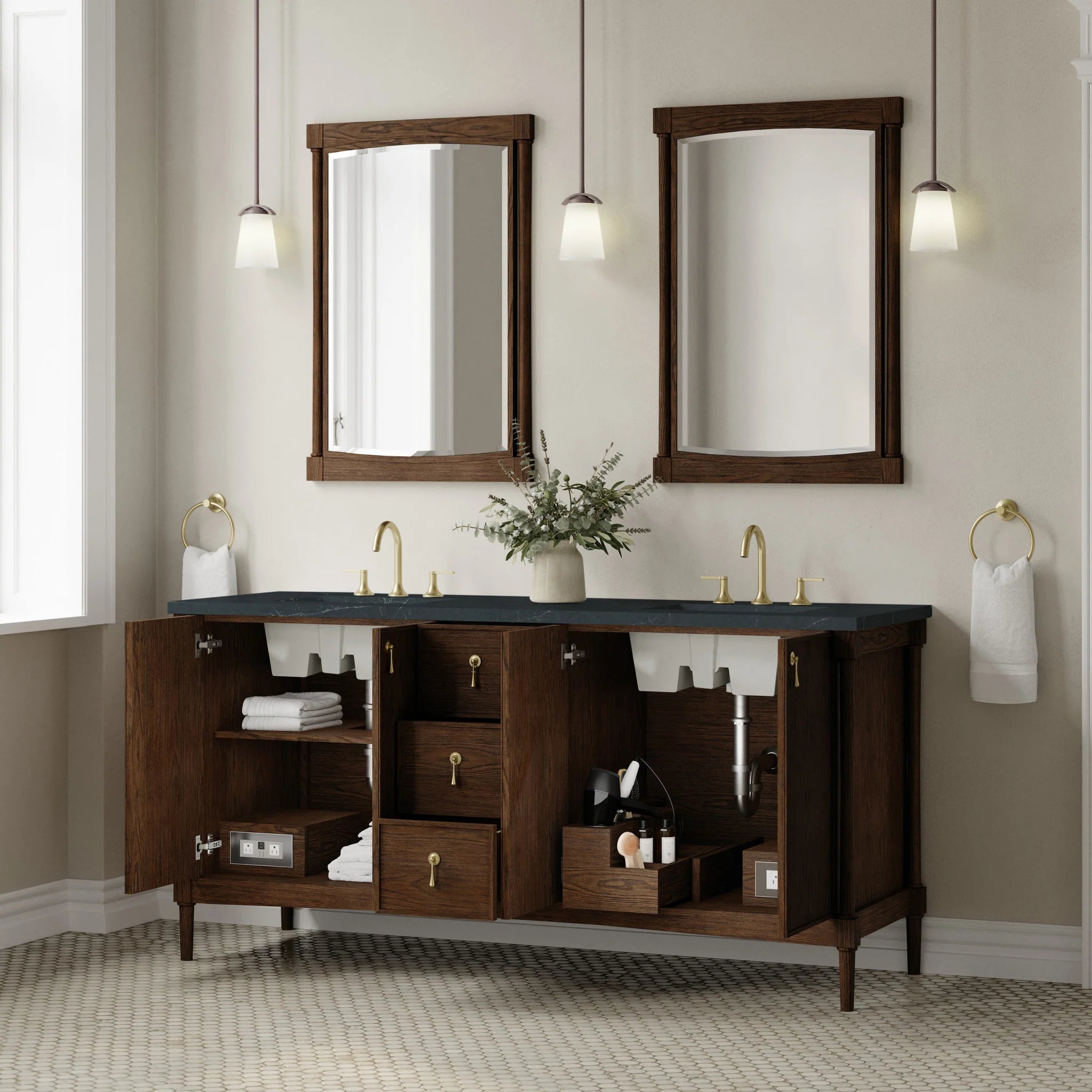 72" Kinnsden Double Vanity in Sable Oak by James Martin Vanities-Charcoal Soapstone Silestone 3