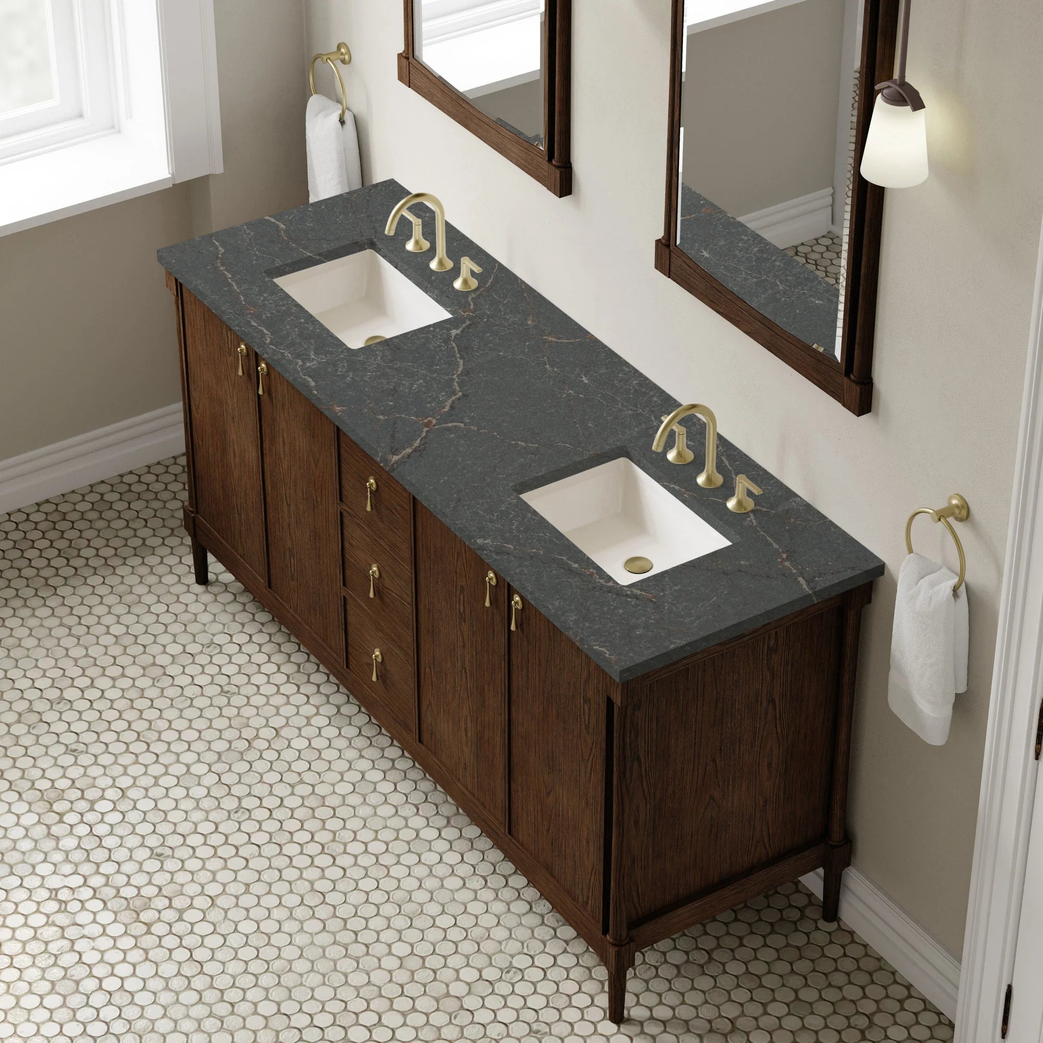 72" Kinnsden Double Vanity in Sable Oak by James Martin Vanities-Parisien Bleu Silestone 5