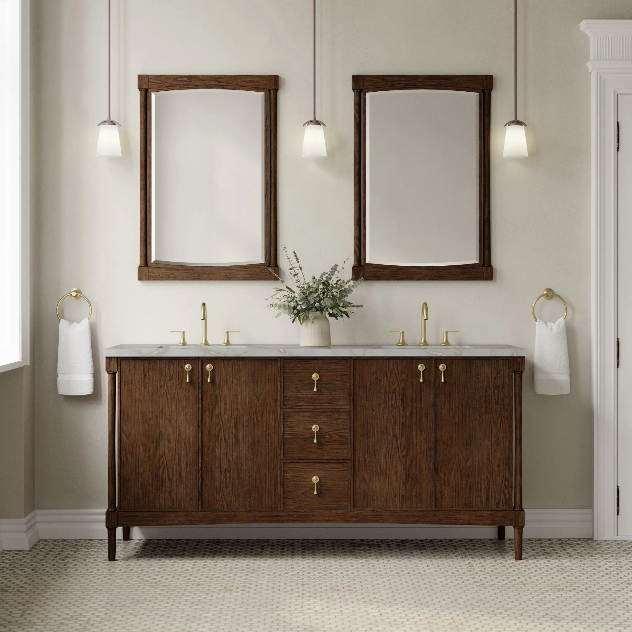 72" Kinnsden Double Vanity in Sable Oak by James Martin Vanities-Victorian Silver Silestone 1