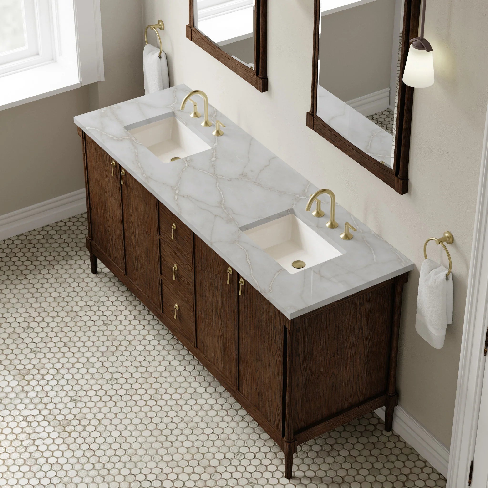 72" Kinnsden Double Vanity in Sable Oak by James Martin Vanities-Victorian Silver Silestone 5