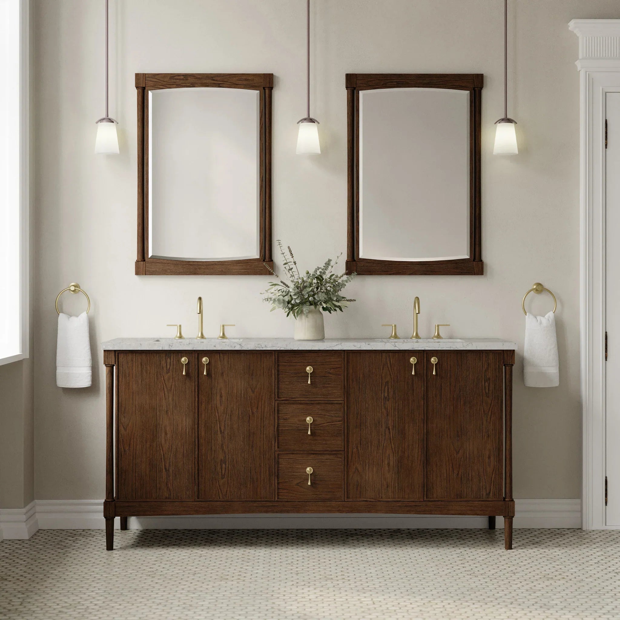 72" Kinnsden Double Vanity in Sable Oak w/FreePower Wireless Charger by James Martin Vanities-Eternal Jasmine Pearl Silestone 1