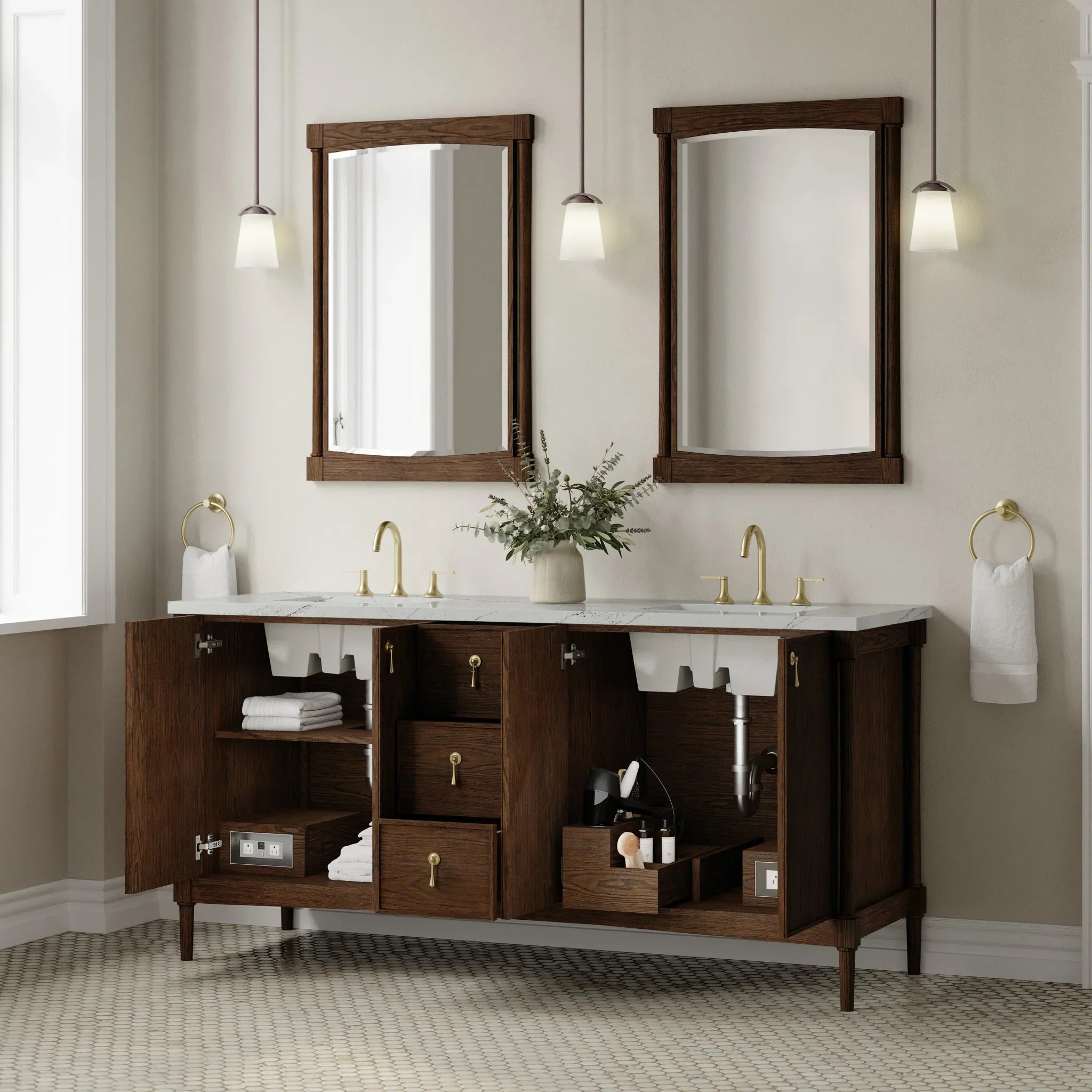 72" Kinnsden Double Vanity in Sable Oak w/FreePower Wireless Charger by James Martin Vanities-Ethereal Noctis Silestone 3