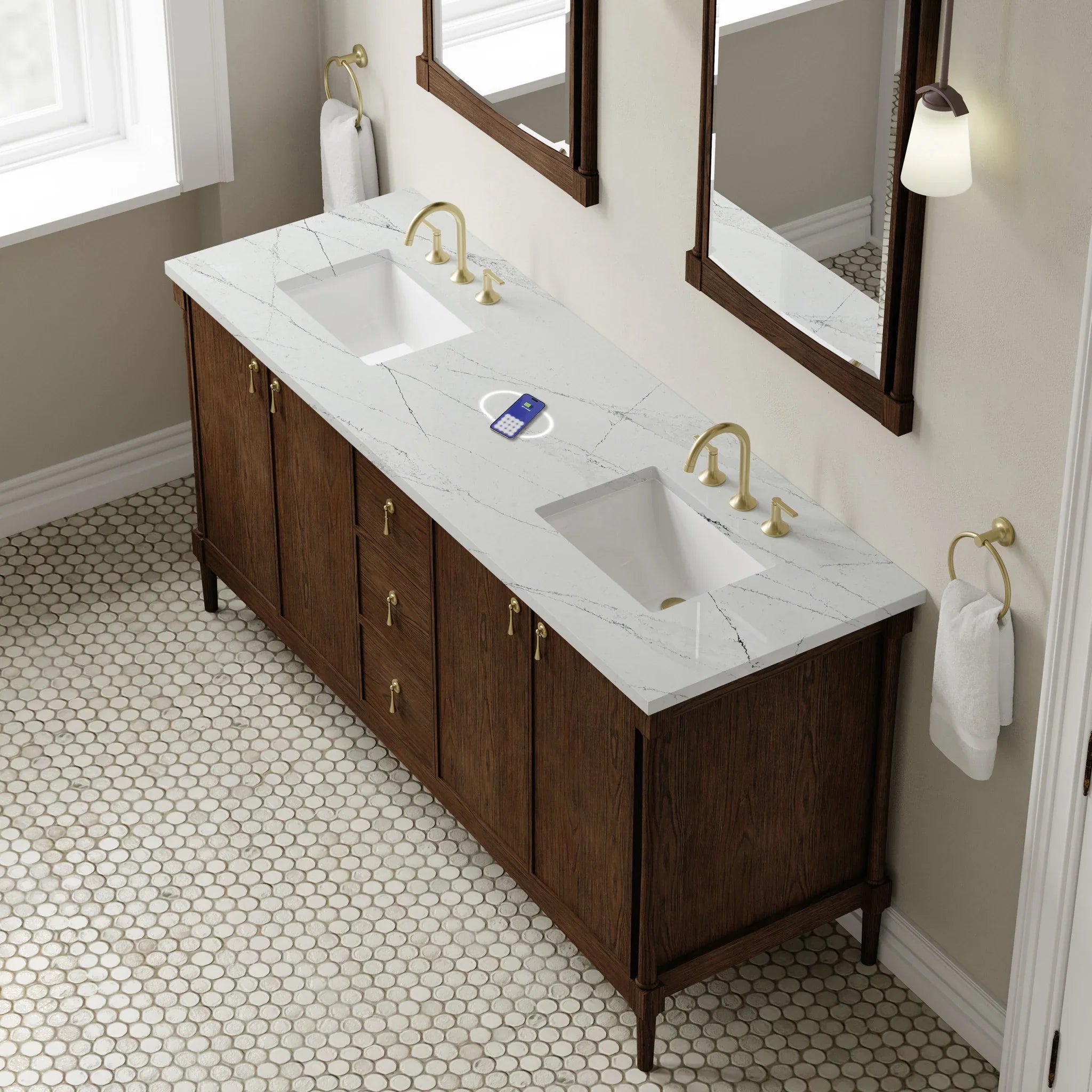 72" Kinnsden Double Vanity in Sable Oak w/FreePower Wireless Charger by James Martin Vanities-Ethereal Noctis Silestone 5