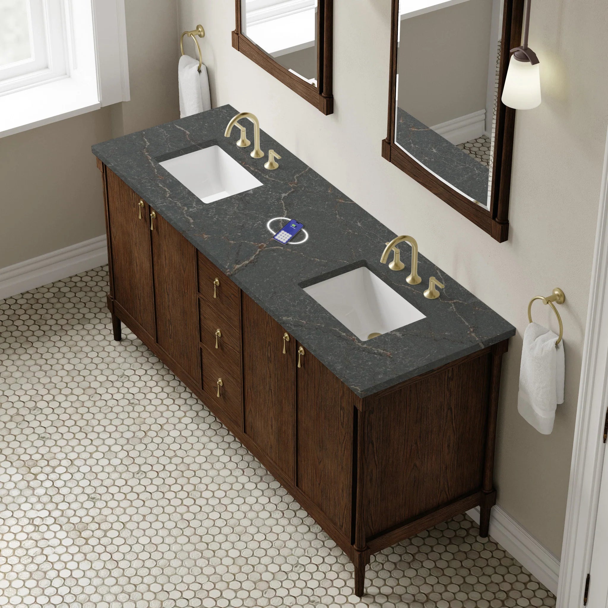 72" Kinnsden Double Vanity in Sable Oak w/FreePower Wireless Charger by James Martin Vanities-Parisien Bleu Silestone 5