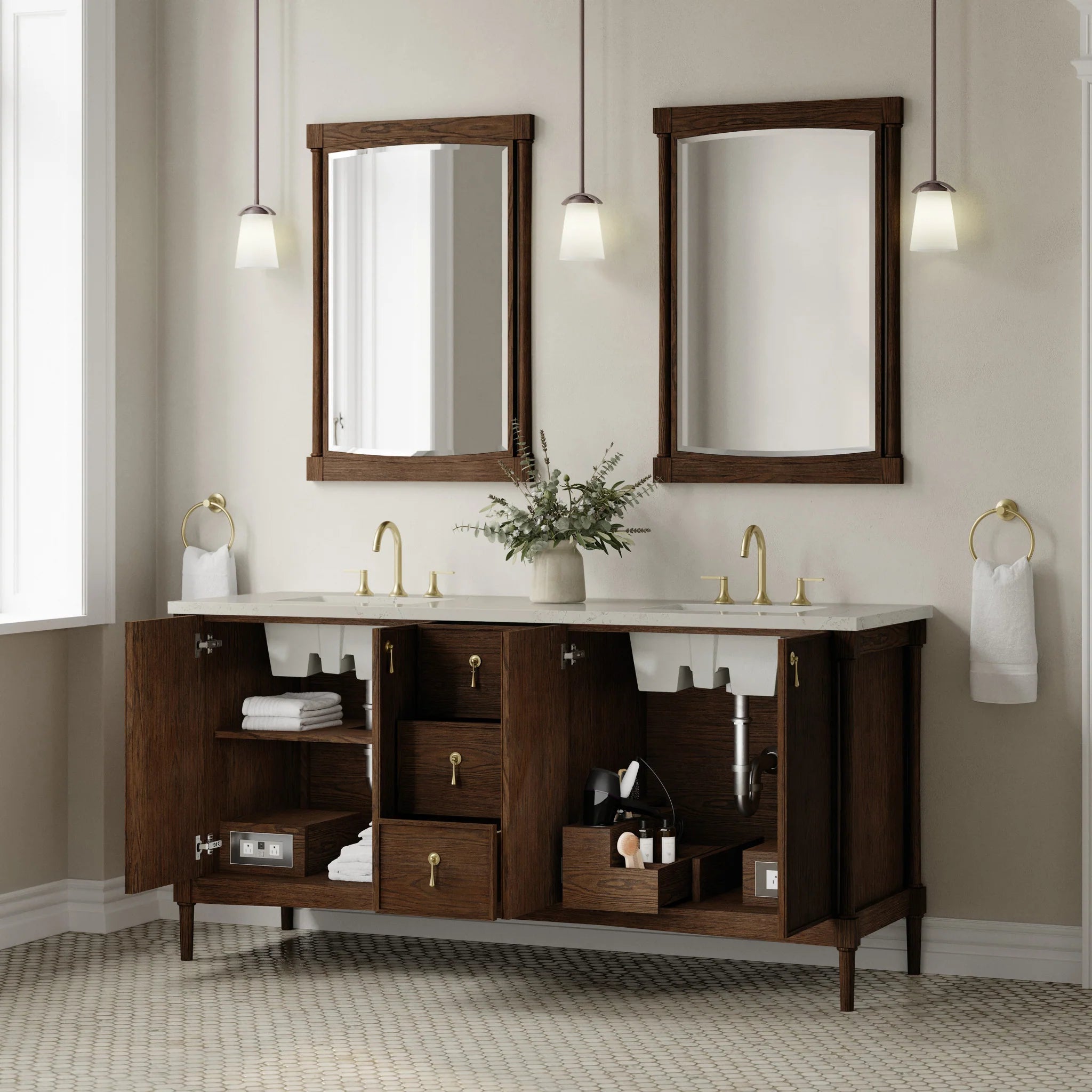 72" Kinnsden Double Vanity in Sable Oak w/FreePower Wireless Charger by James Martin Vanities-Siberian Silestone 3