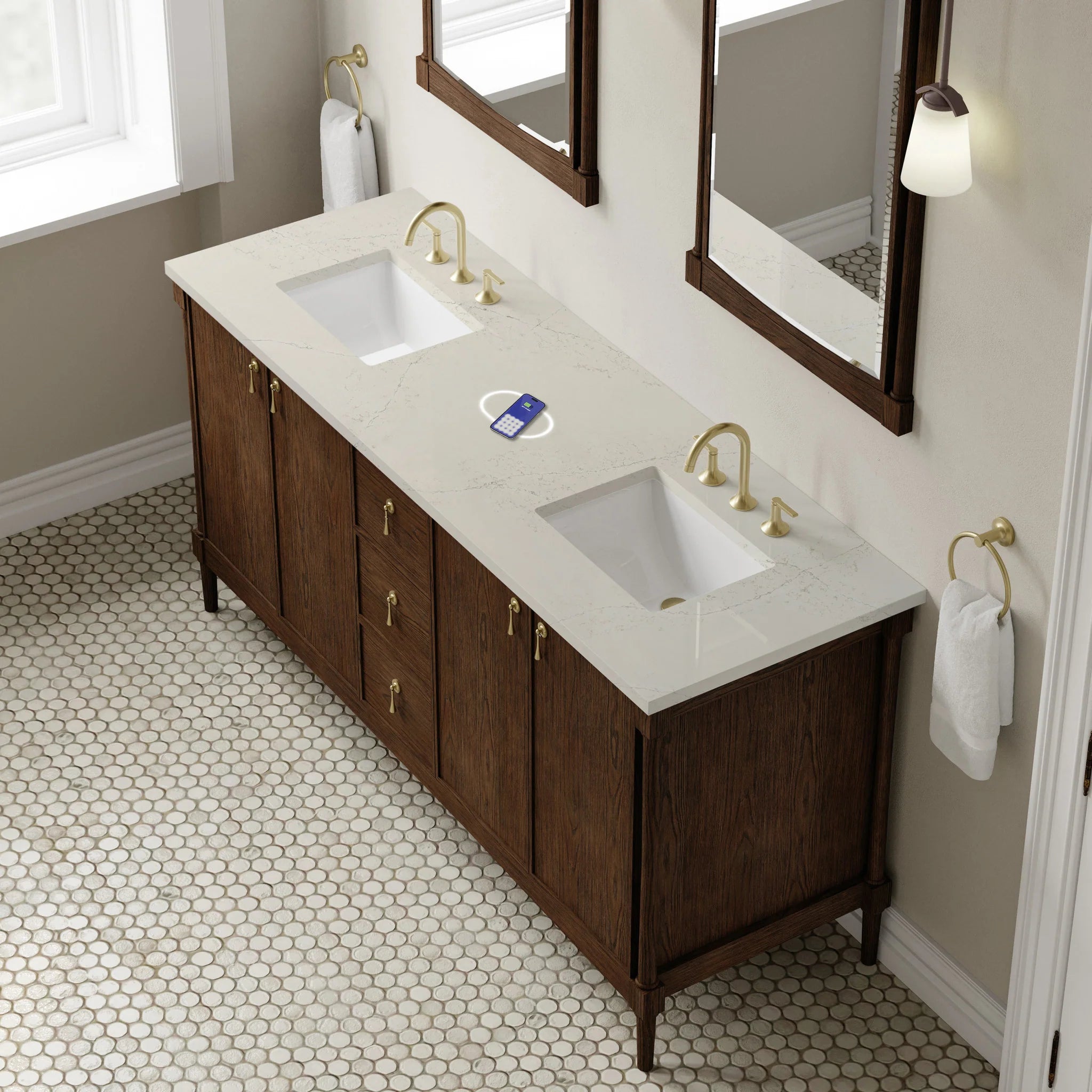 72" Kinnsden Double Vanity in Sable Oak w/FreePower Wireless Charger by James Martin Vanities-Siberian Silestone 5