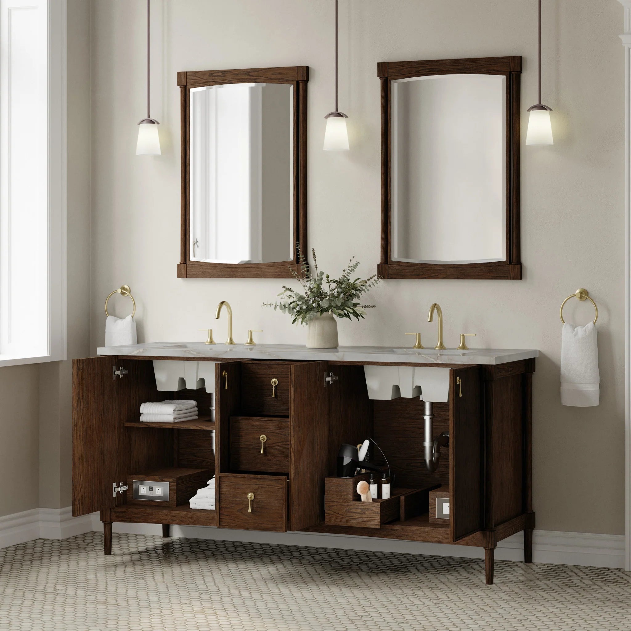 72" Kinnsden Double Vanity in Sable Oak w/FreePower Wireless Charger by James Martin Vanities-Victorian Silver Silestone 3