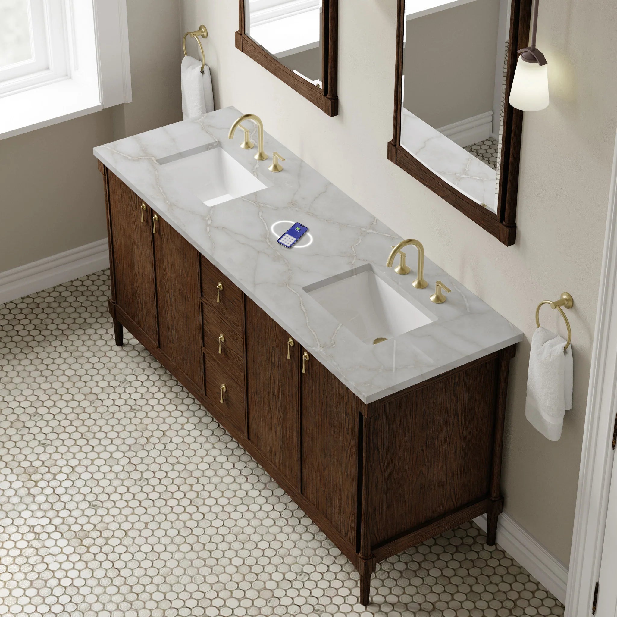 72" Kinnsden Double Vanity in Sable Oak w/FreePower Wireless Charger by James Martin Vanities-Victorian Silver Silestone 5