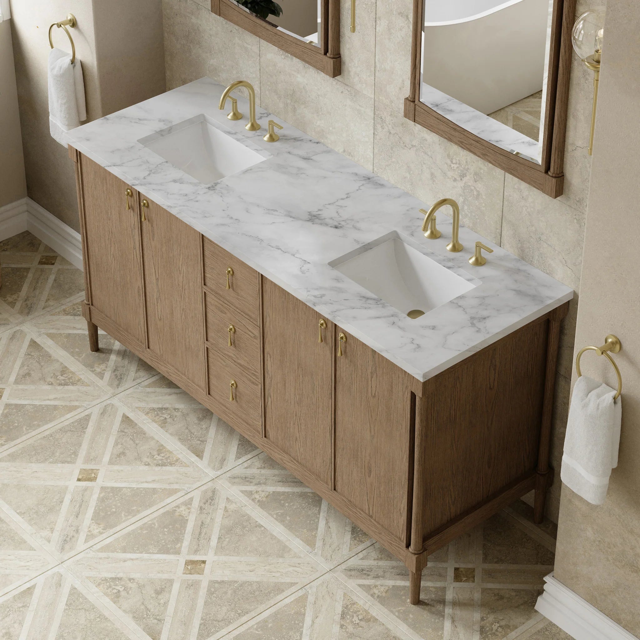 72" Kinnsden Double Vanity in Weathered Oak by James Martin Vanities-Carrara White Marble 5
