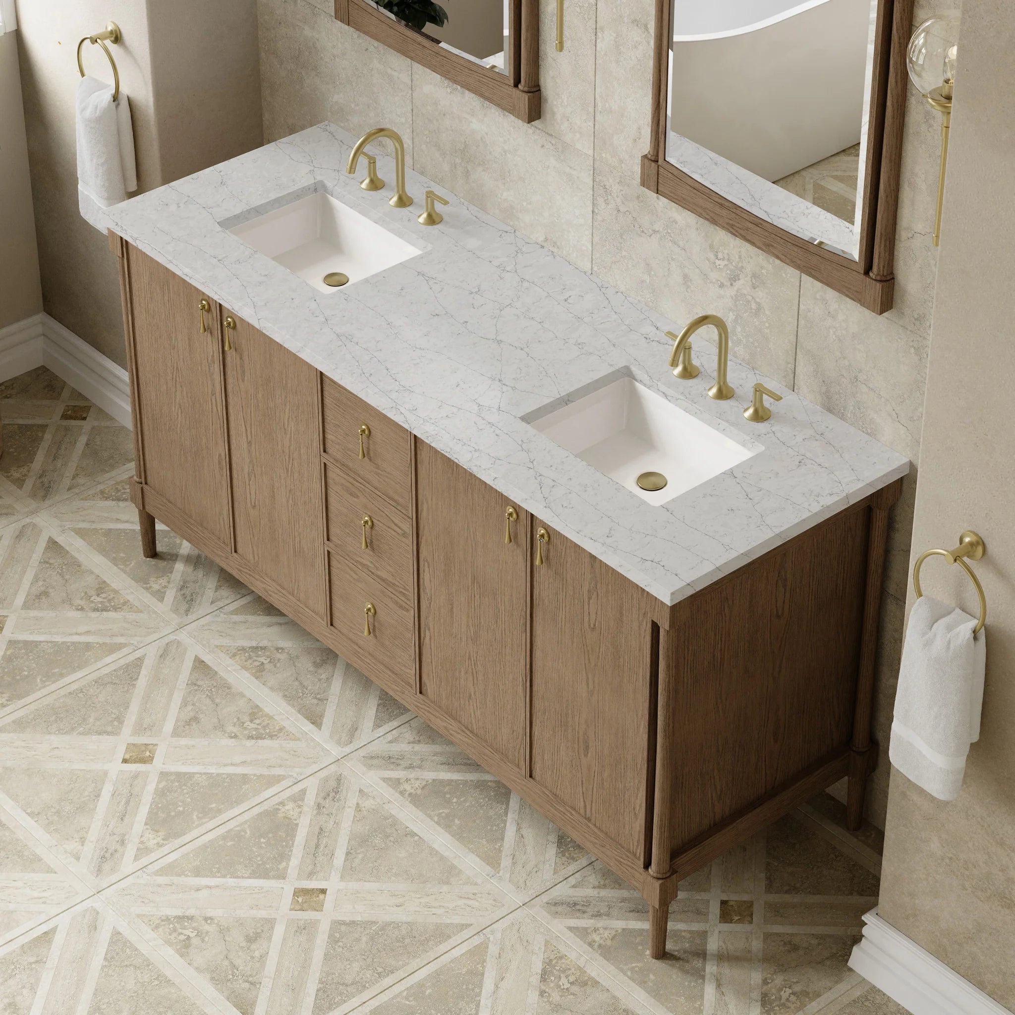 72" Kinnsden Double Vanity in Weathered Oak by James Martin Vanities-Eternal Jasmine Pearl Silestone 5