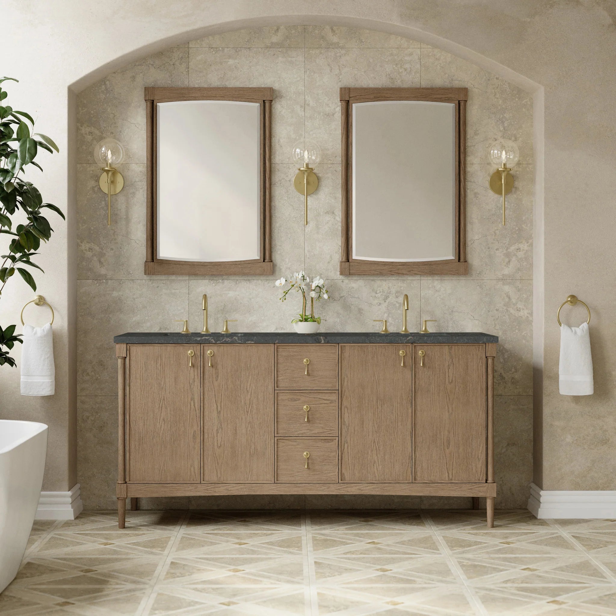 72" Kinnsden Double Vanity in Weathered Oak by James Martin Vanities-Parisien Bleu Silestone 1
