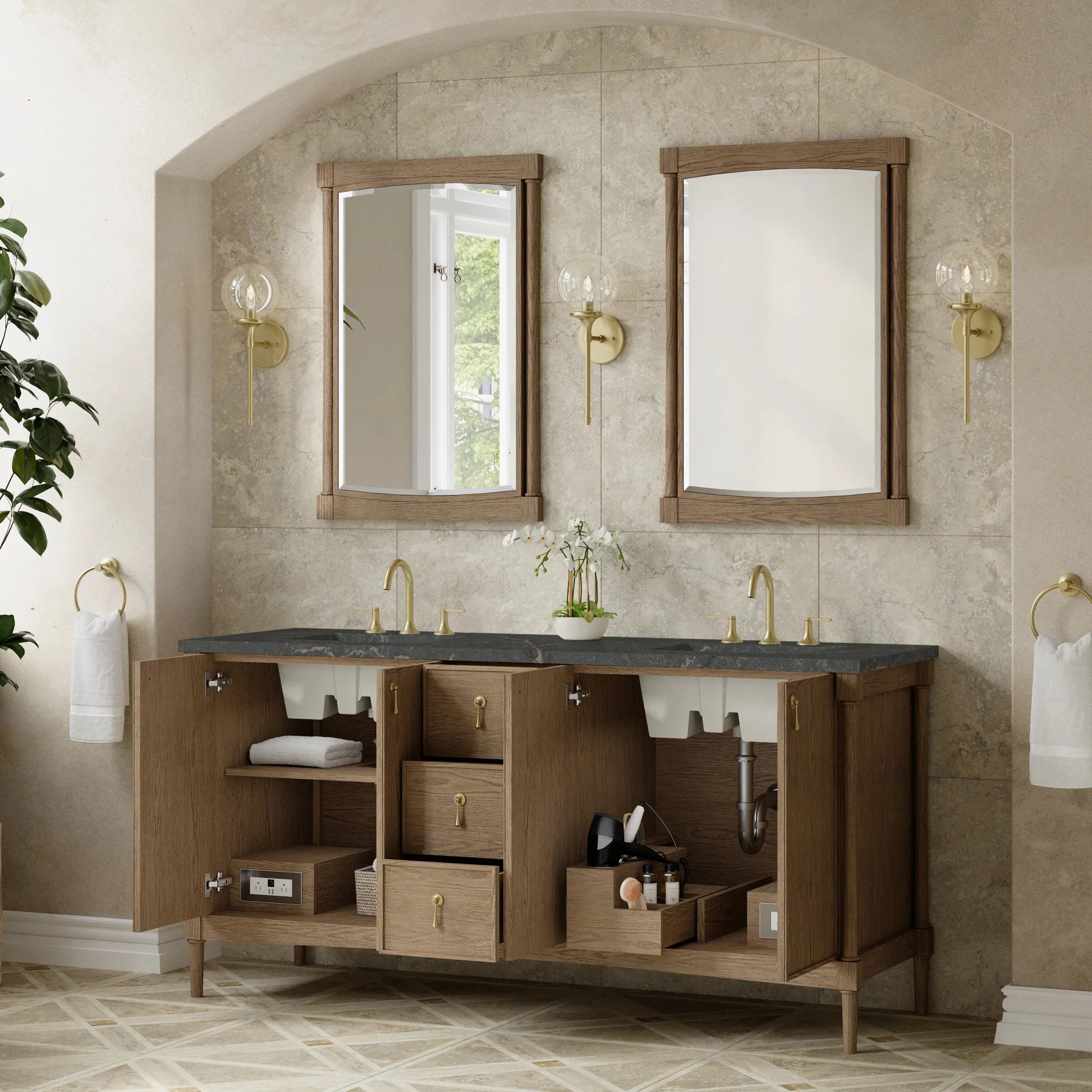 72" Kinnsden Double Vanity in Weathered Oak by James Martin Vanities-Parisien Bleu Silestone 3