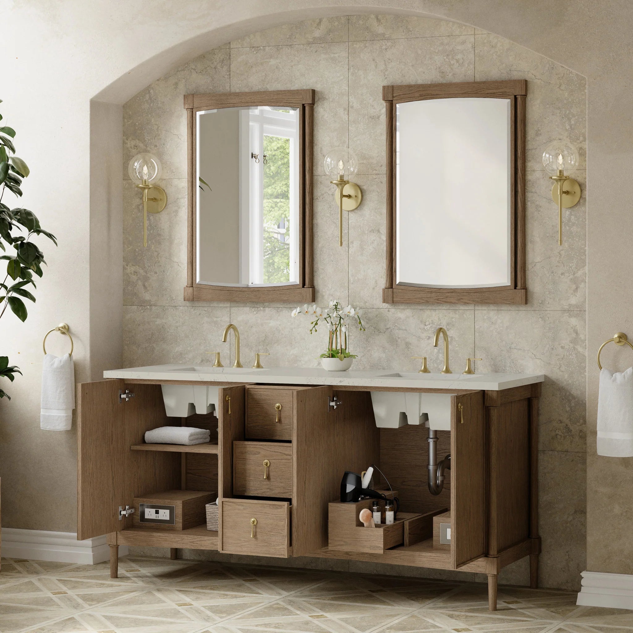 72" Kinnsden Double Vanity in Weathered Oak by James Martin Vanities-Siberian Silestone 3
