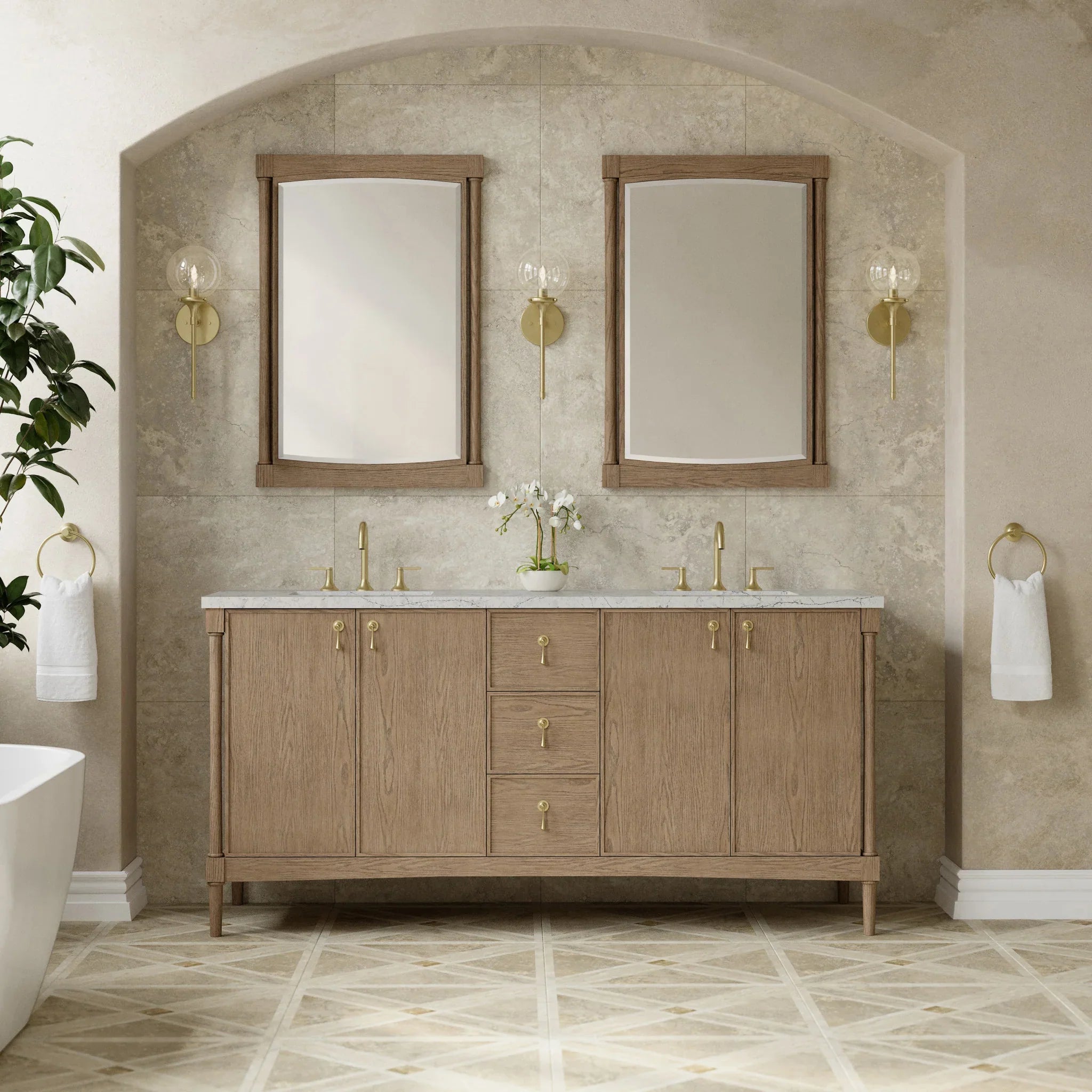 72" Kinnsden Double Vanity in Weathered Oak w/FreePower Wireless Charger by James Martin Vanities-Eternal Jasmine Pearl Silestone 1