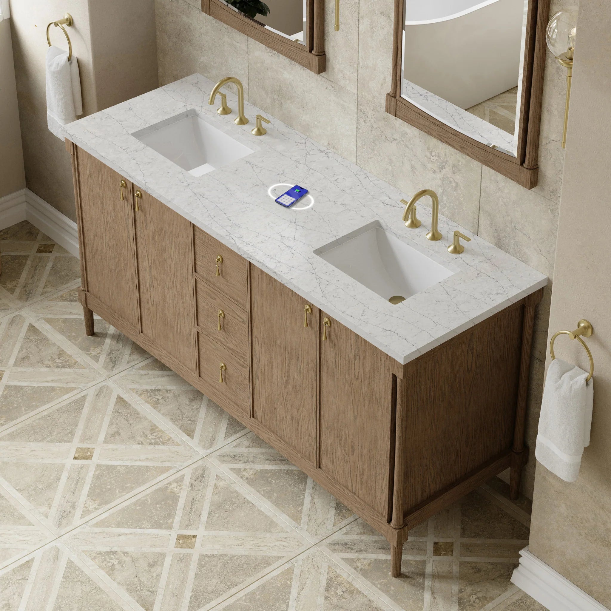 72" Kinnsden Double Vanity in Weathered Oak w/FreePower Wireless Charger by James Martin Vanities-Eternal Jasmine Pearl Silestone 5