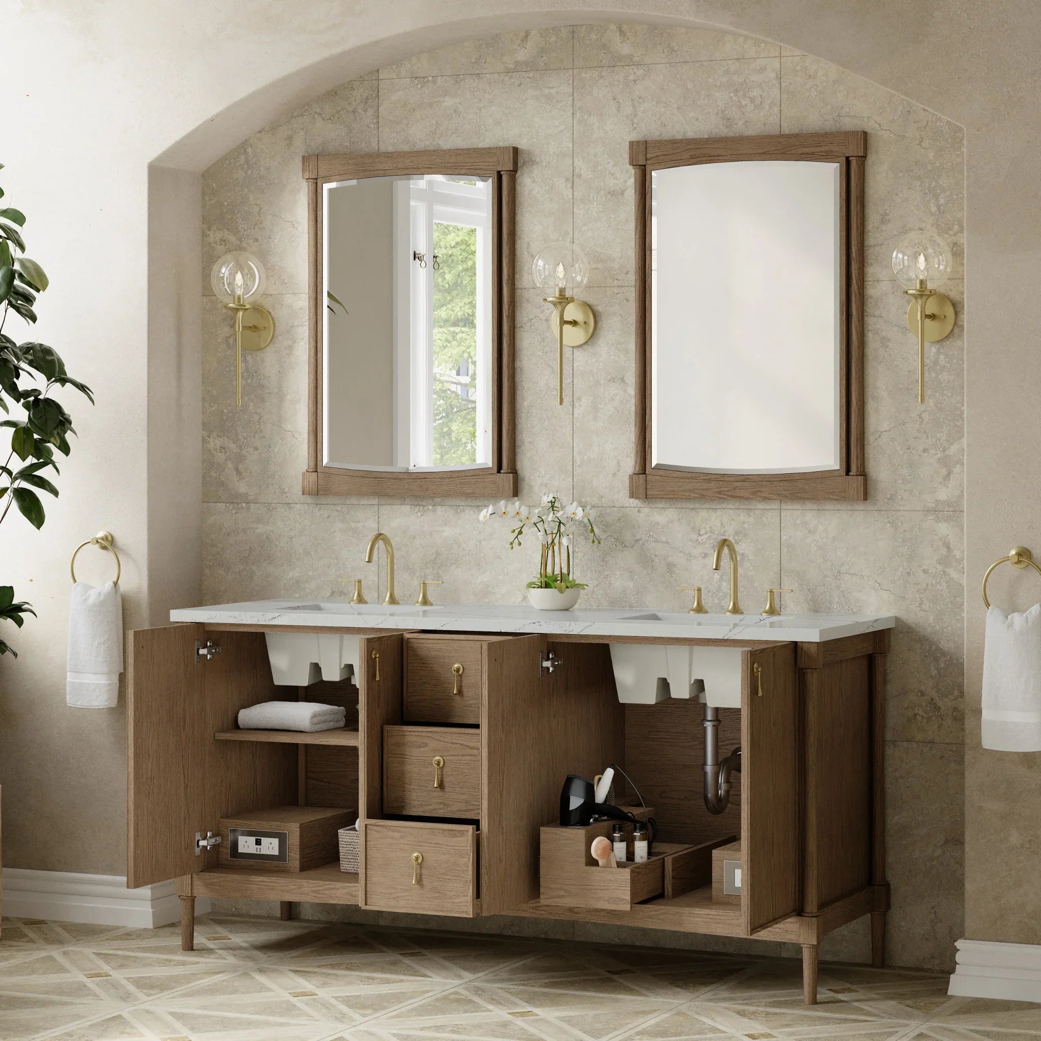 72" Kinnsden Double Vanity in Weathered Oak w/FreePower Wireless Charger by James Martin Vanities-Ethereal Noctis Silestone 3