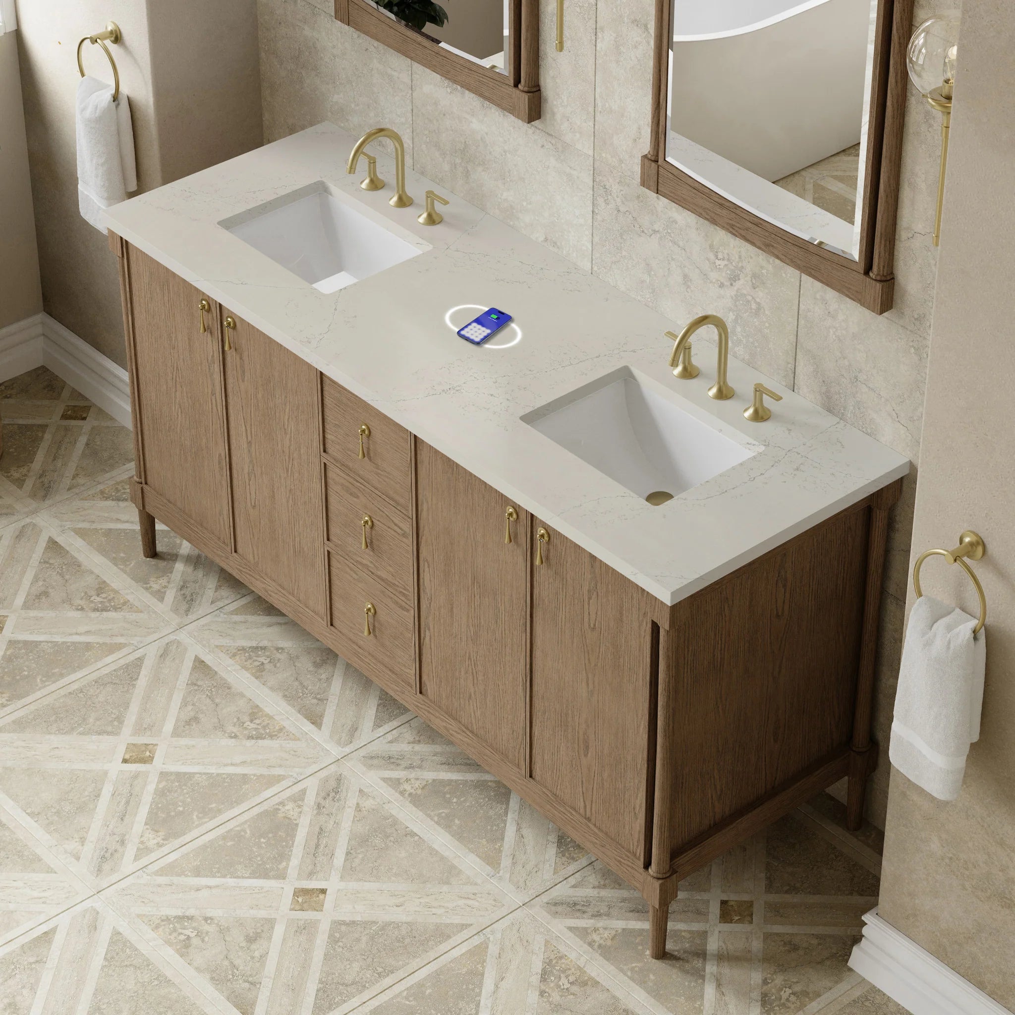 72" Kinnsden Double Vanity in Weathered Oak w/FreePower Wireless Charger by James Martin Vanities-Siberian Silestone 5