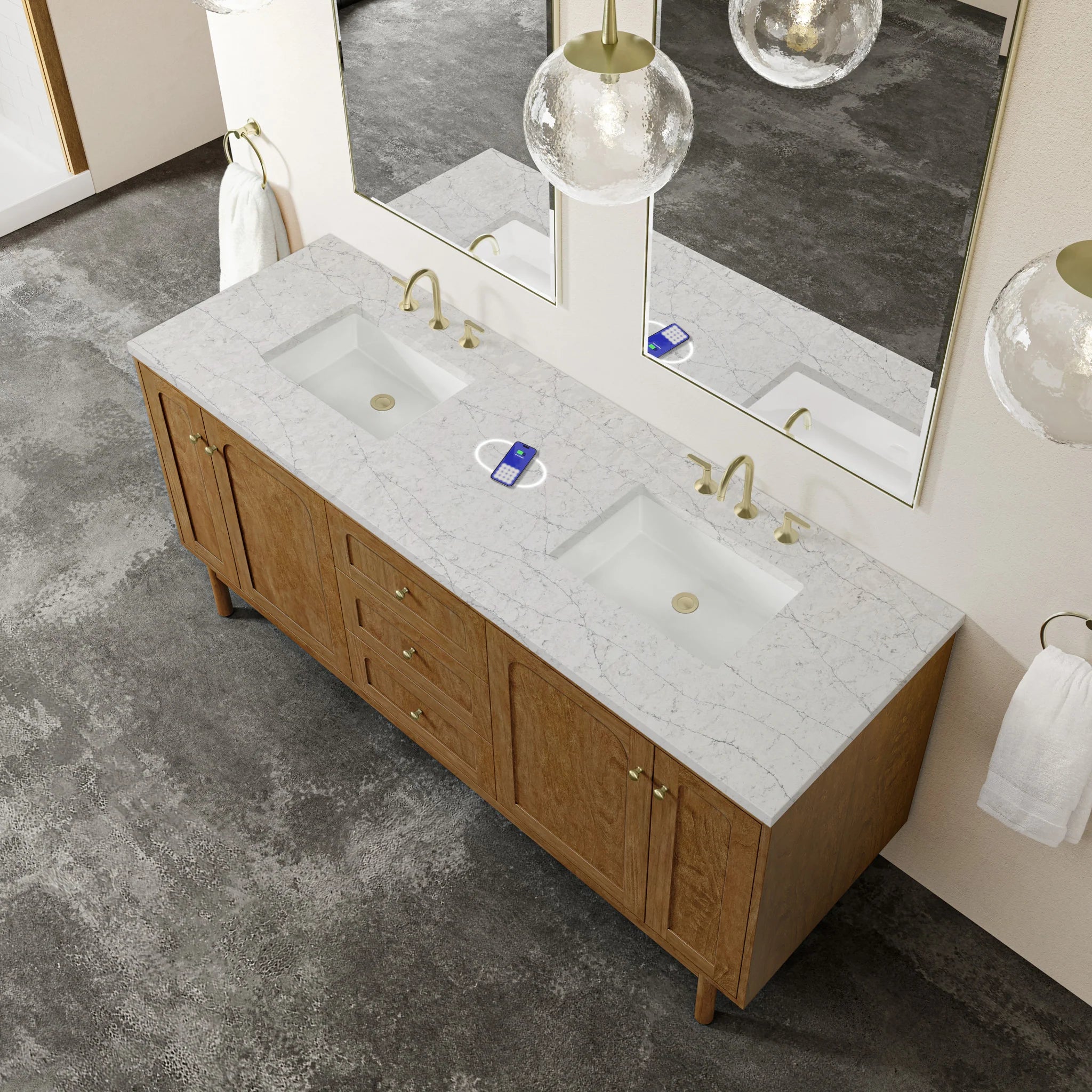 72" Laurent Double Vanity in Honey Oak w/FreePower Wireless Charger by James Martin Vanities-Eternal Jasmine Pearl Silestone 8