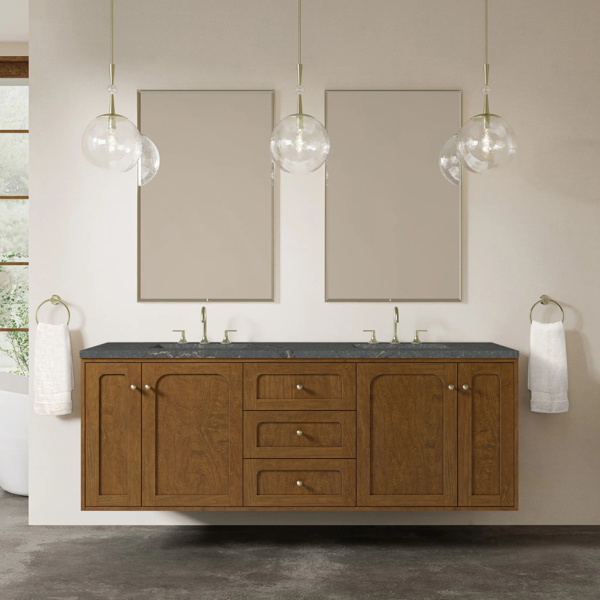 72" Laurent Double Vanity in Honey Oak w/FreePower Wireless Charger by James Martin Vanities-Parisien Bleu Silestone 3