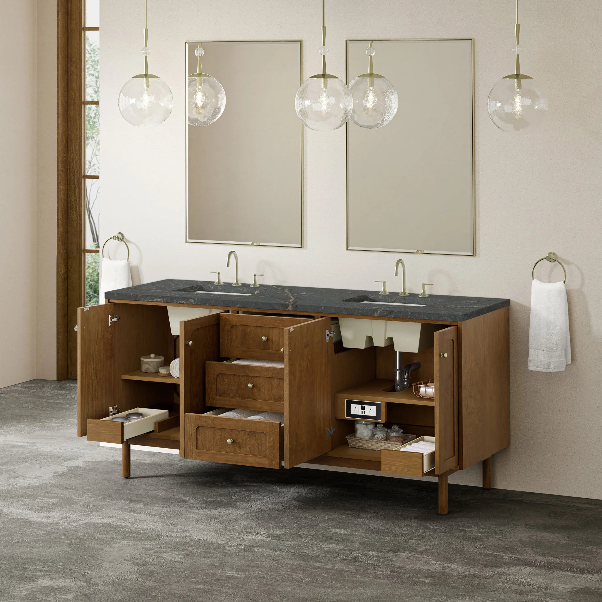 72" Laurent Double Vanity in Honey Oak w/FreePower Wireless Charger by James Martin Vanities-Parisien Bleu Silestone 6