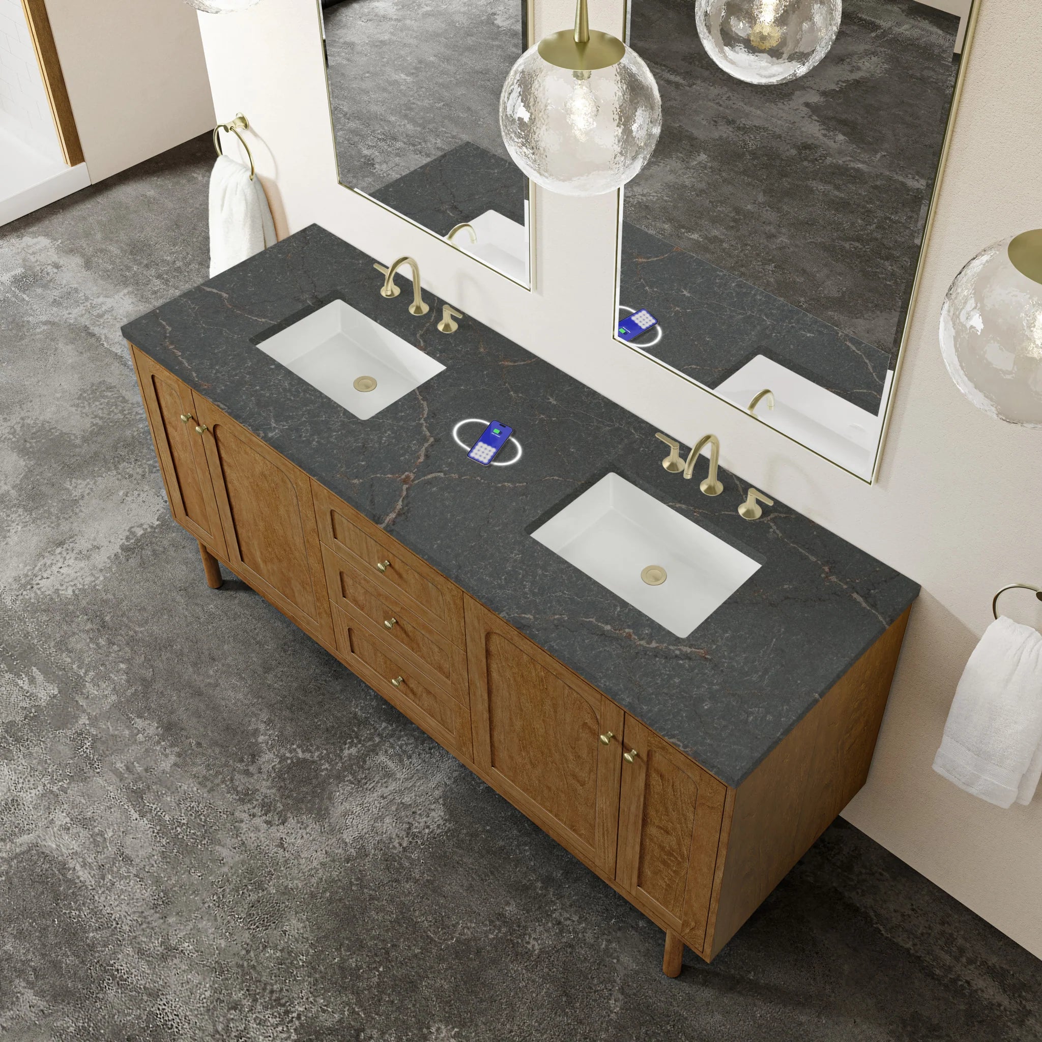 72" Laurent Double Vanity in Honey Oak w/FreePower Wireless Charger by James Martin Vanities-Parisien Bleu Silestone 8