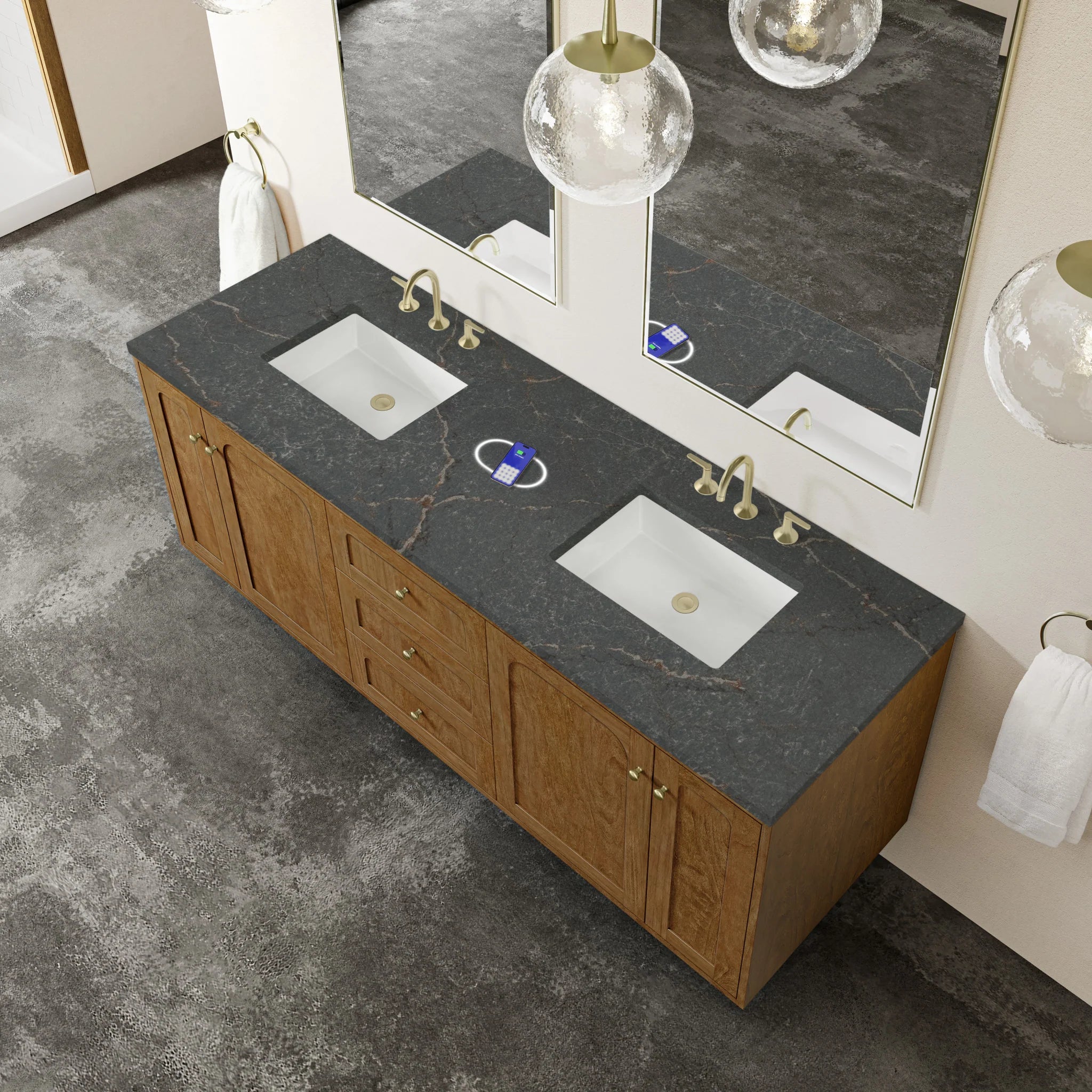 72" Laurent Double Vanity in Honey Oak w/FreePower Wireless Charger by James Martin Vanities-Parisien Bleu Silestone 9