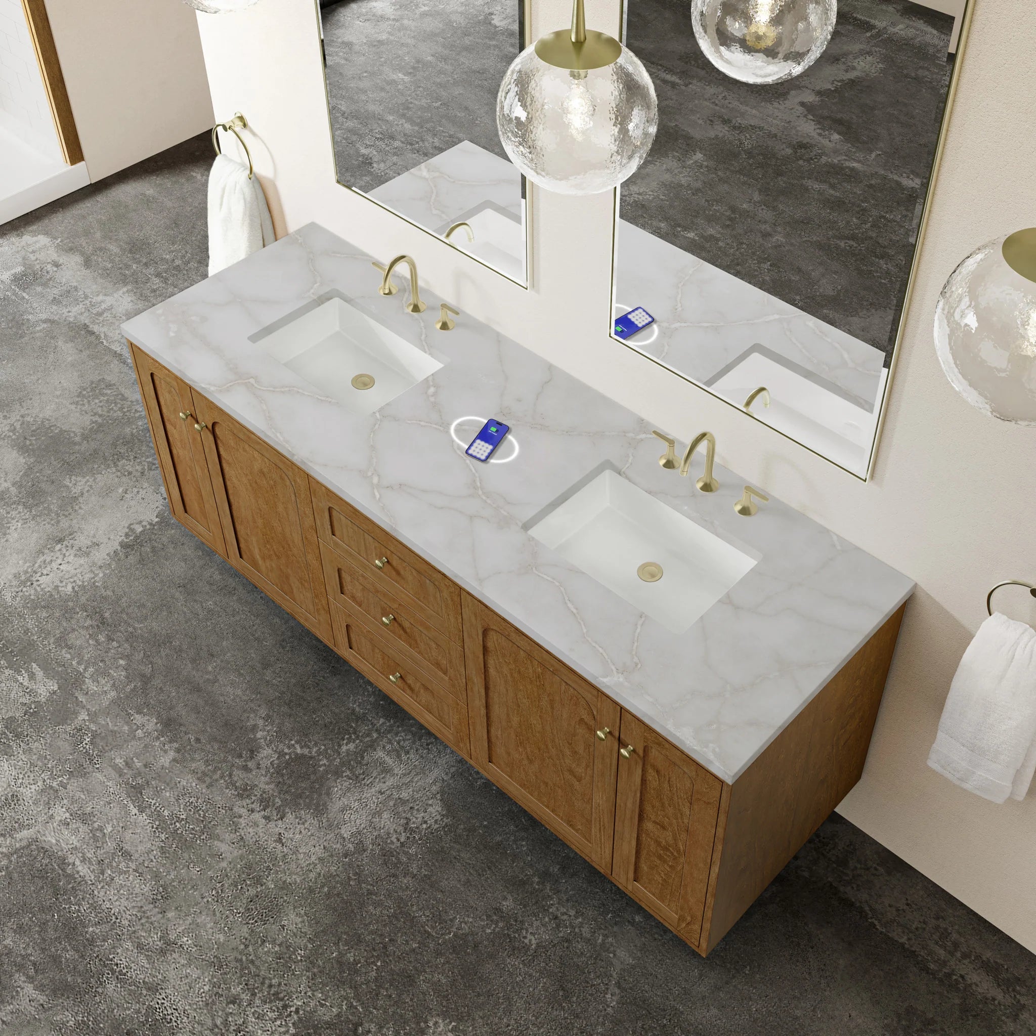 72" Laurent Double Vanity in Honey Oak w/FreePower Wireless Charger by James Martin Vanities-Victorian Silver Silestone 9