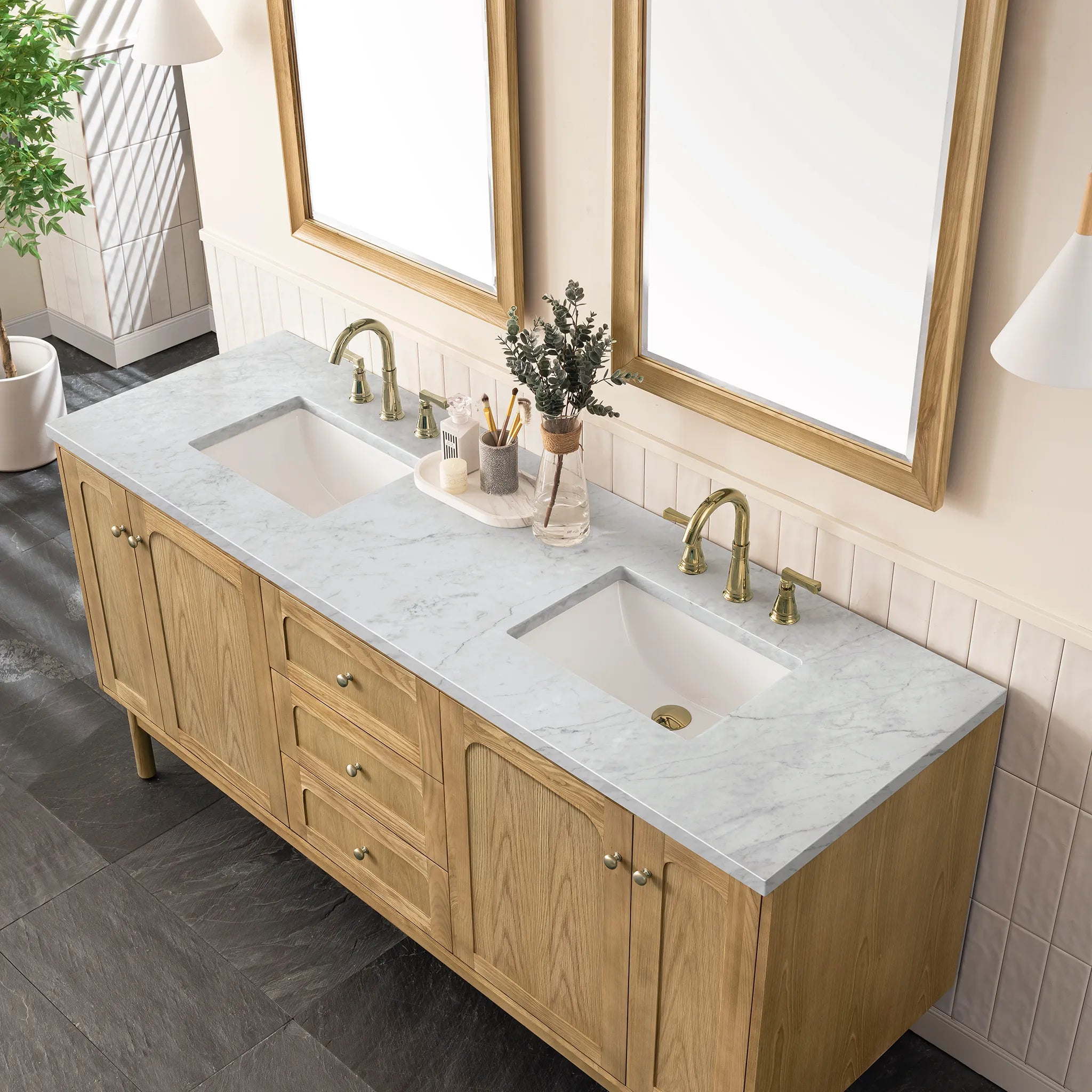 72" Laurent Double Vanity in Light Natural Oak-Carrara White Marble-8" Widespread image 8