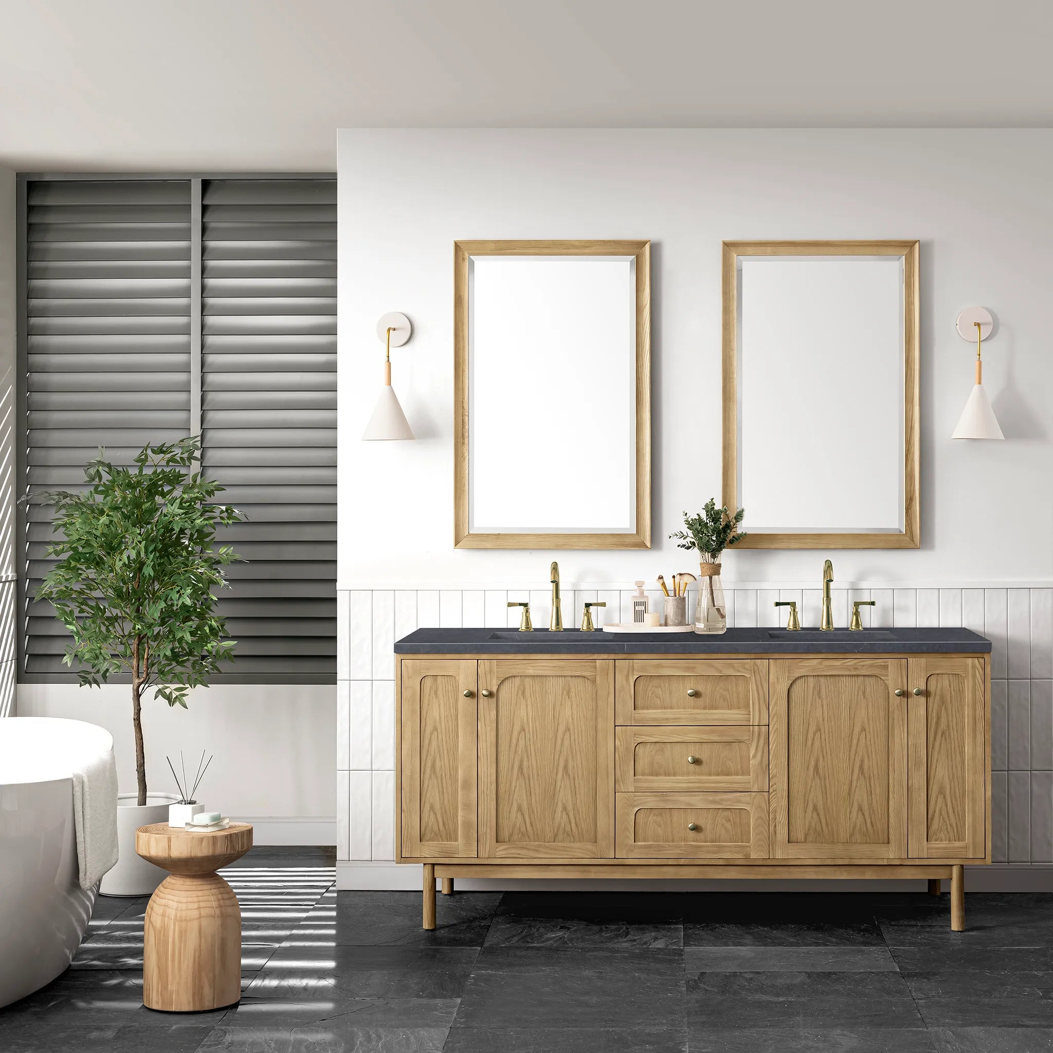 72" Laurent Double Vanity in Light Natural Oak-Charcoal Soapstone Silestone-8" Widespread image 2